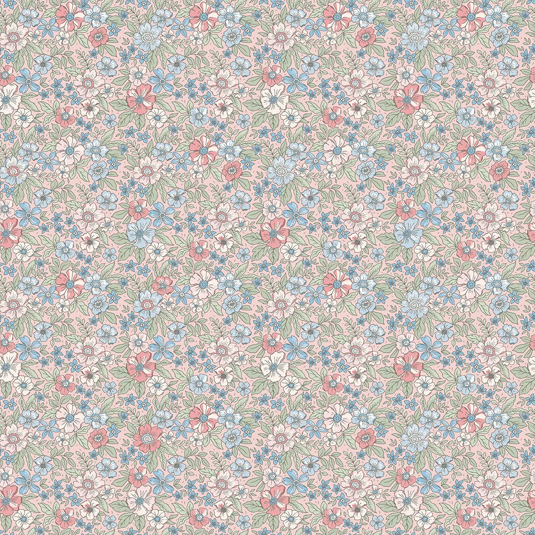Ditsy Gardenia Wallpaper in Soft Blue and Sage on Soft Pink
