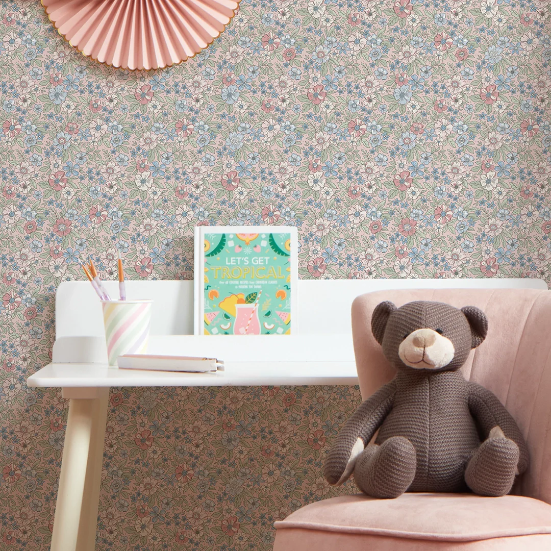 Ditsy Gardenia Wallpaper in Soft Blue and Sage on Soft Pink - Image 2