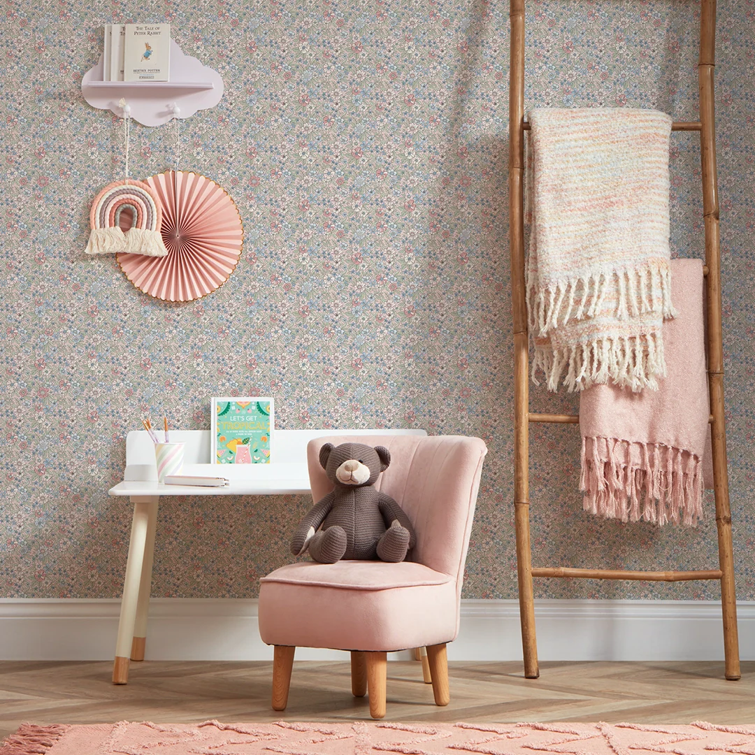 Ditsy Gardenia Wallpaper in Soft Blue and Sage on Soft Pink - Image 3