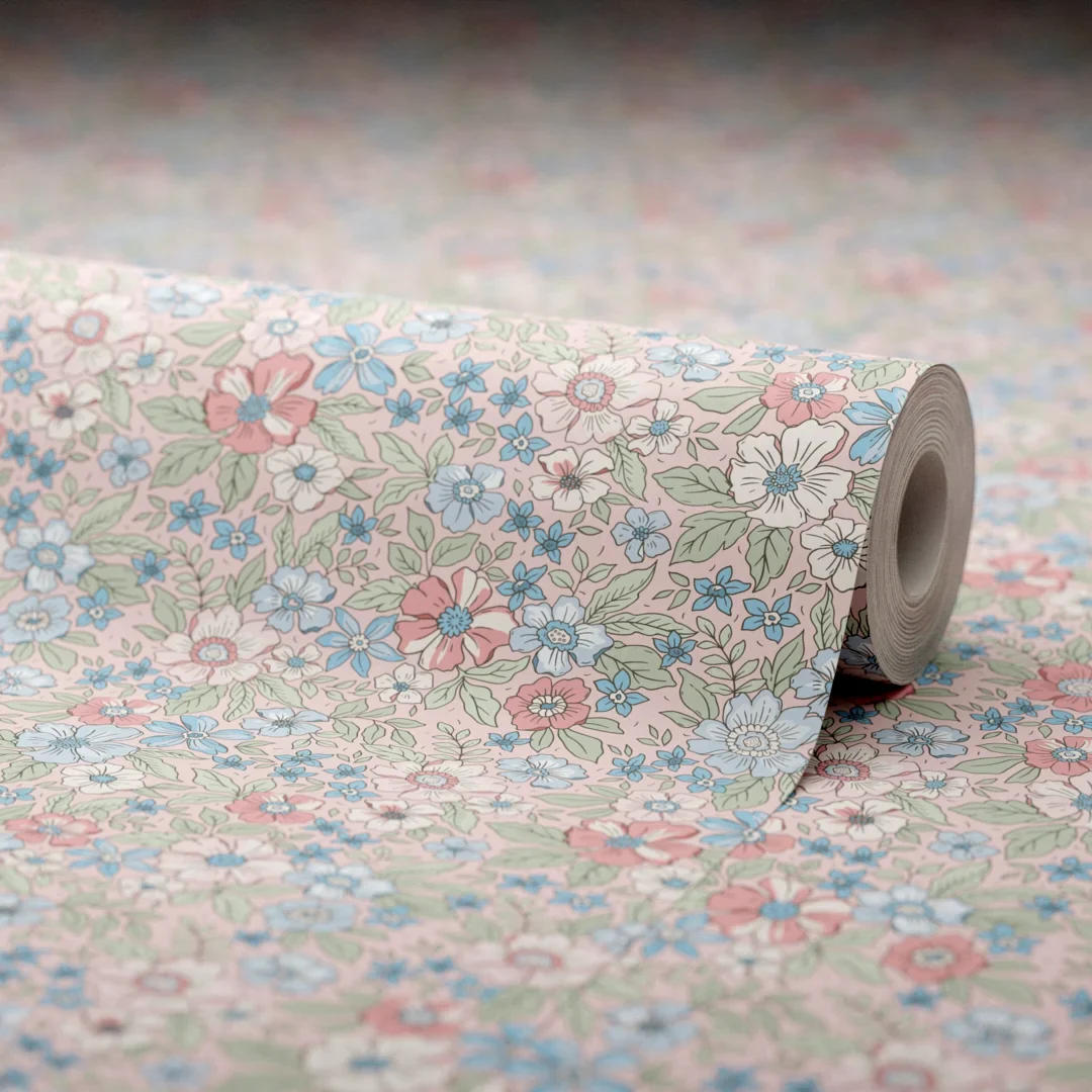 Ditsy Gardenia Wallpaper in Soft Blue and Sage on Soft Pink - Image 4
