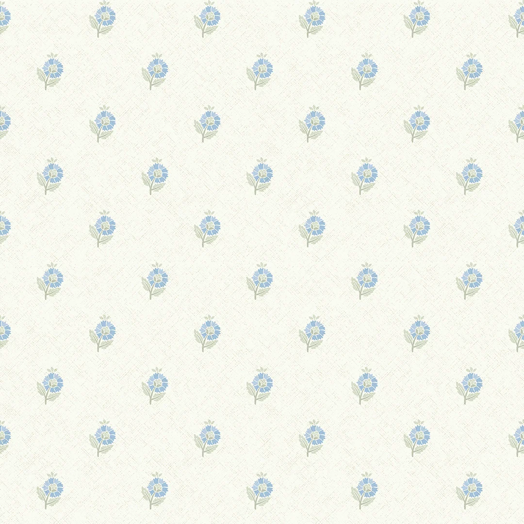Ditsy Posy Wallpaper in Blue and Sage on Cream