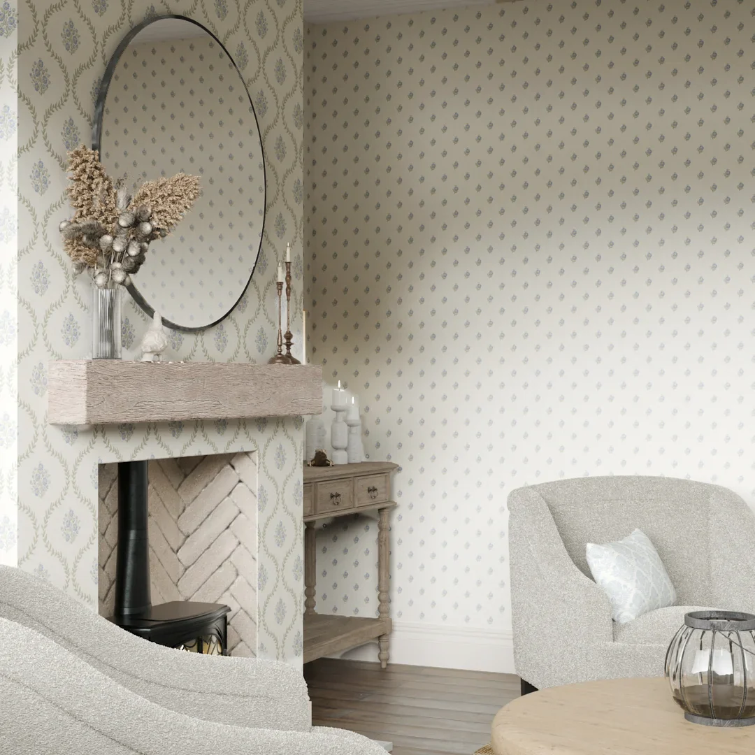 Ditsy Posy Wallpaper in Blue and Sage on Cream - Image 2