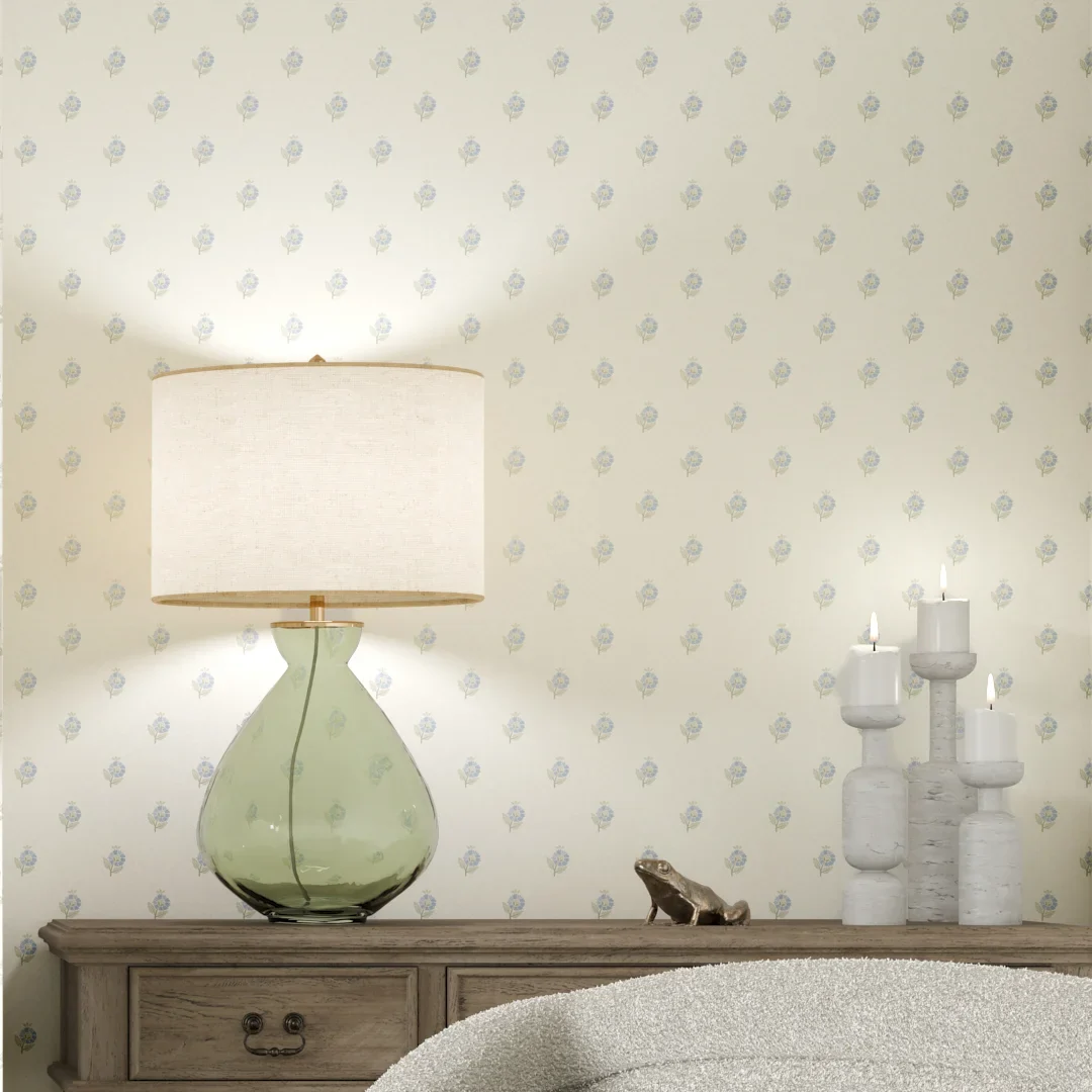 Ditsy Posy Wallpaper in Blue and Sage on Cream - Image 3