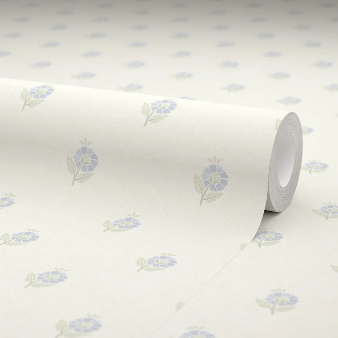 Ditsy Posy Wallpaper in Blue and Sage on Cream - Image 4
