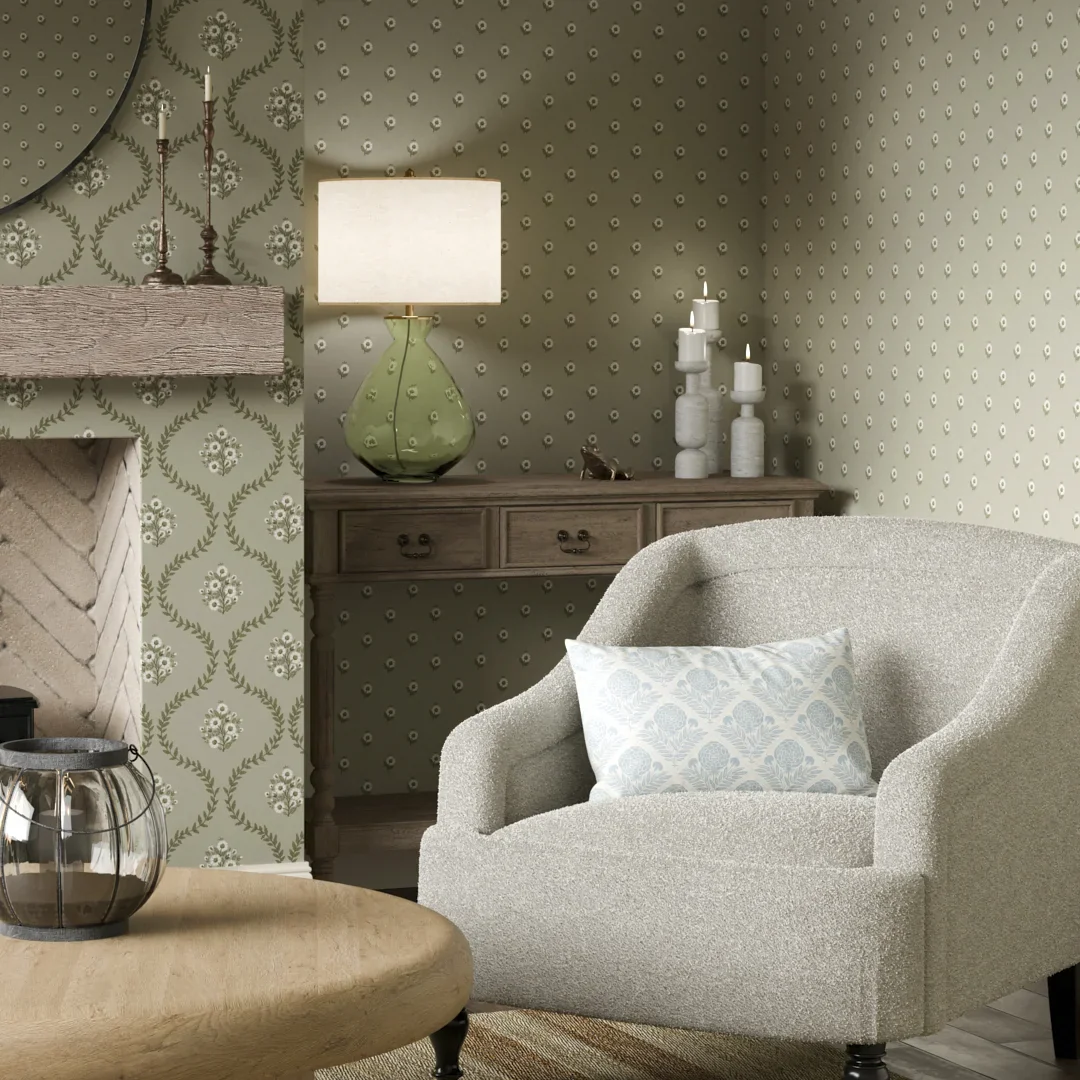 Ditsy Posy Wallpaper in Cream on Organic Green - Image 2