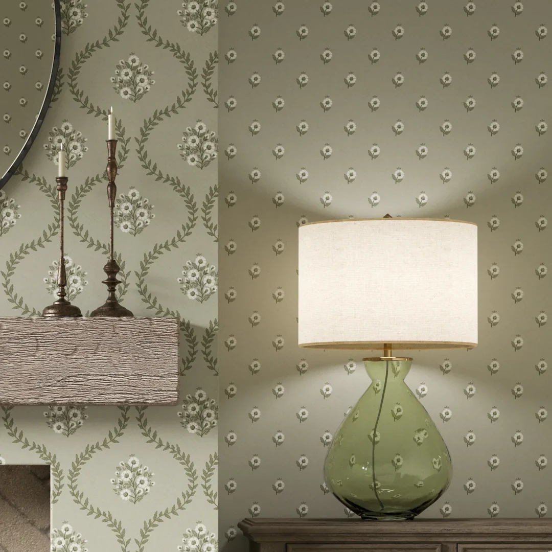 Ditsy Posy Wallpaper in Cream on Organic Green - Image 3
