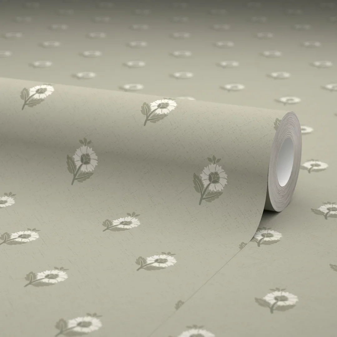 Ditsy Posy Wallpaper in Cream on Organic Green - Image 4