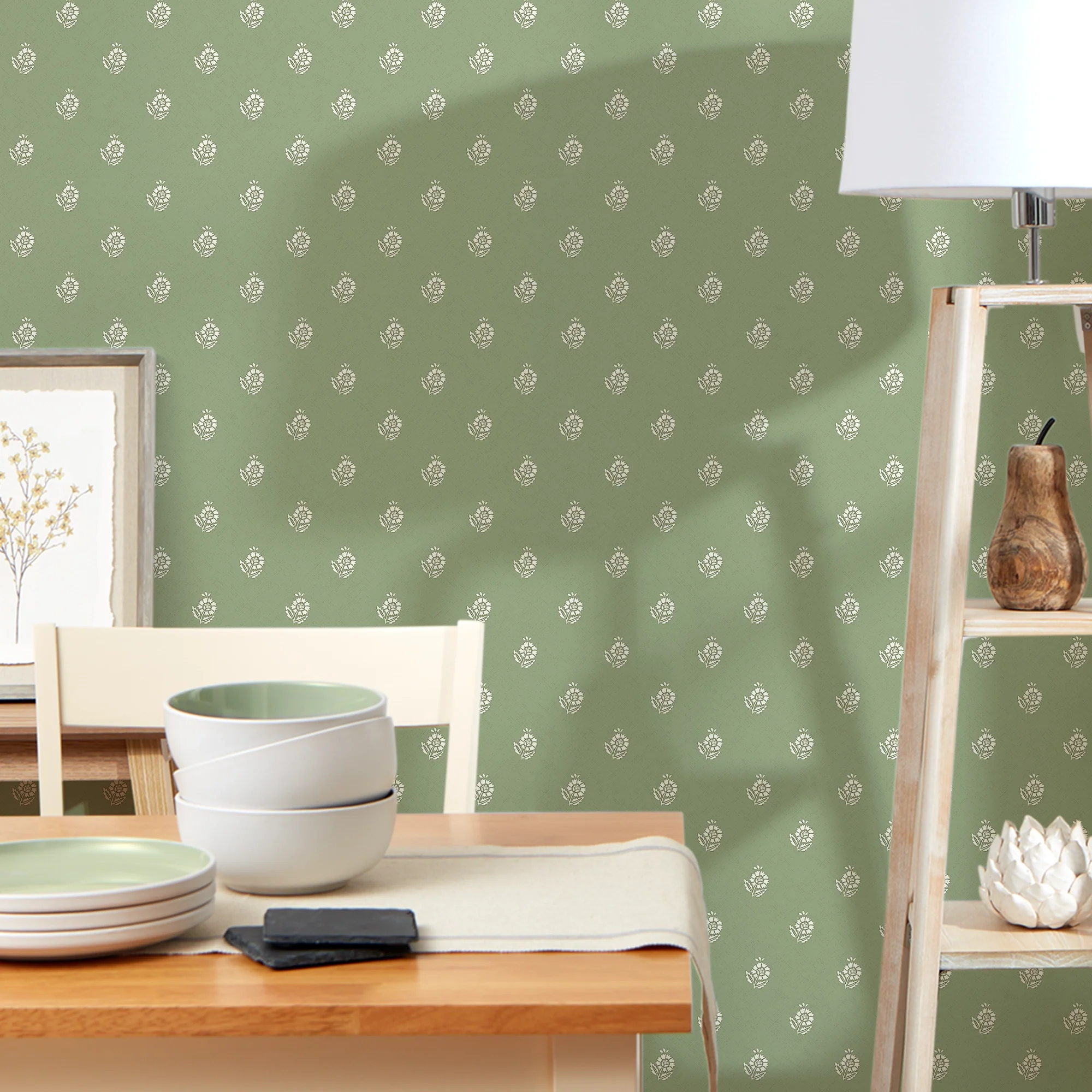 Ditsy Posy Wallpaper in Cream on Pistachio - Image 2