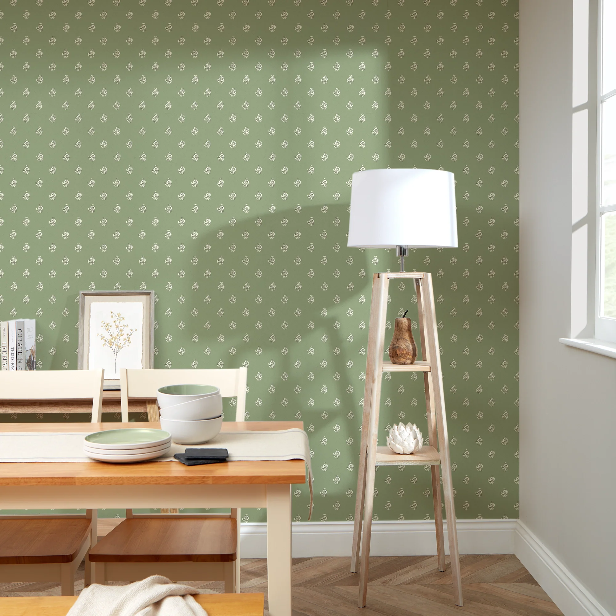Ditsy Posy Wallpaper in Cream on Pistachio - Image 3