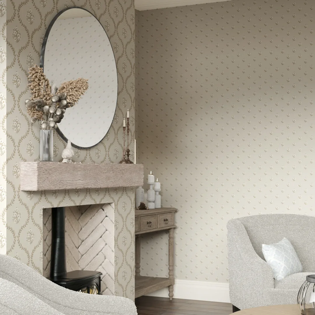 Ditsy Posy Wallpaper in Taupe on Cream - Image 2