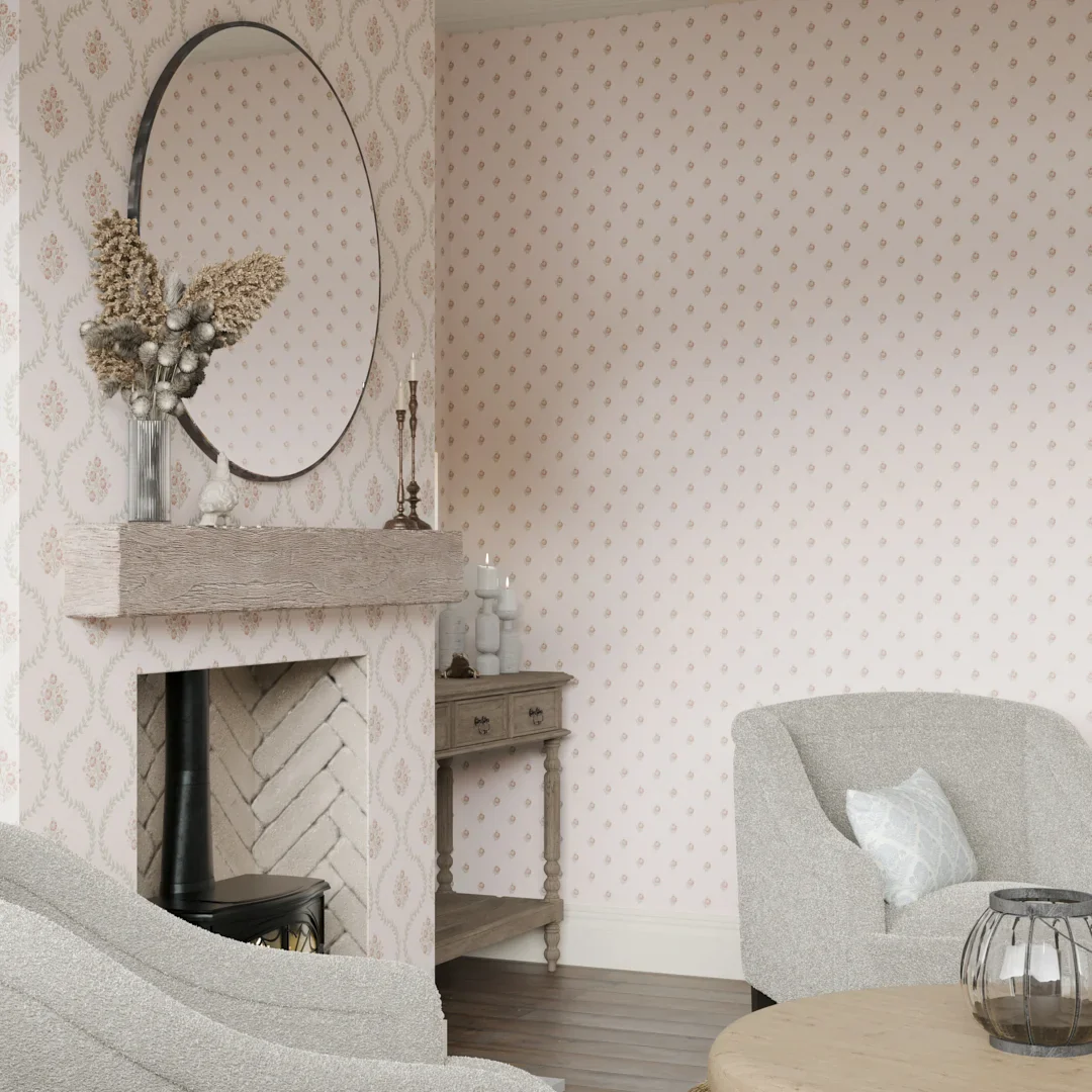 Ditsy Posy Wallpaper in Vintage Pink and Sage - Image 2