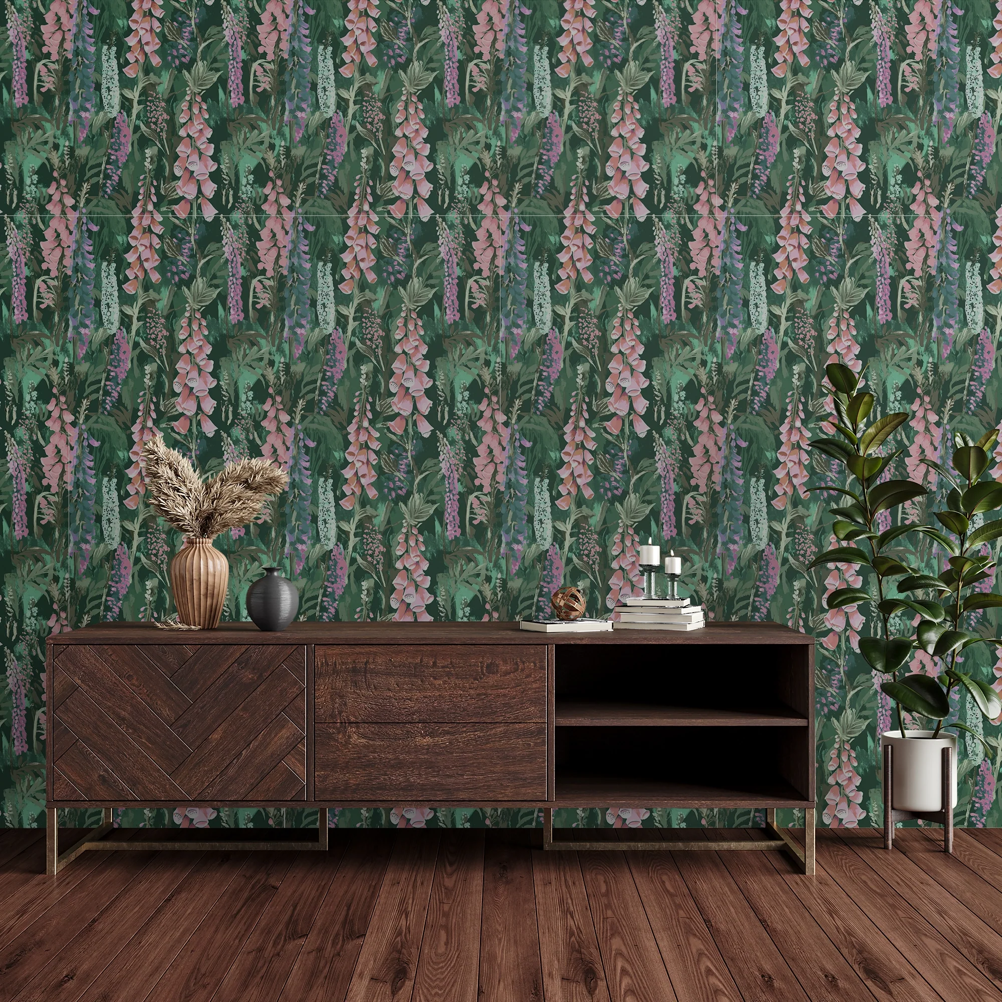 Enchanted Meadow Wallpaper in Greens and Pink - Image 2