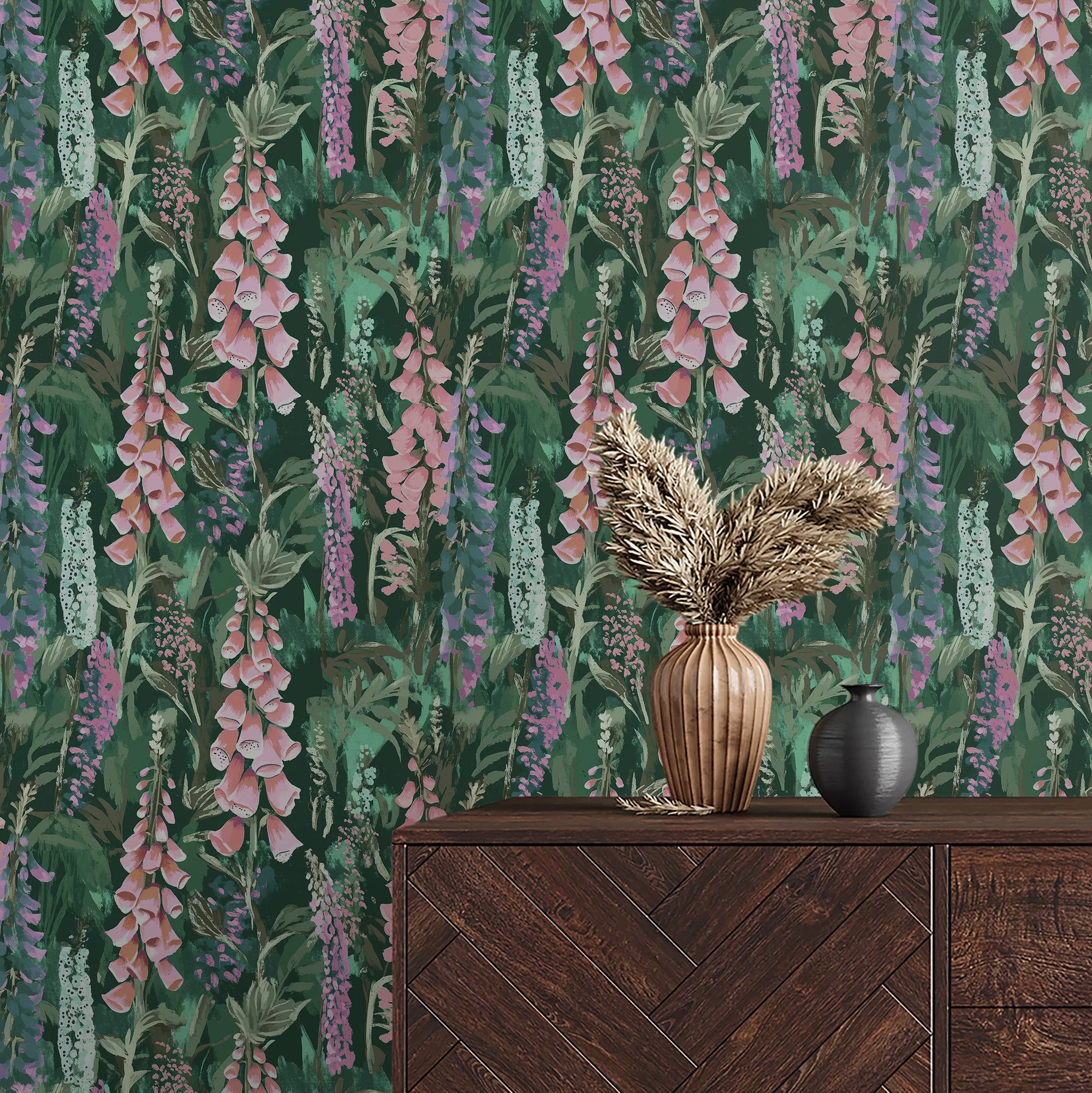 Enchanted Meadow Wallpaper in Greens and Pink - Image 3