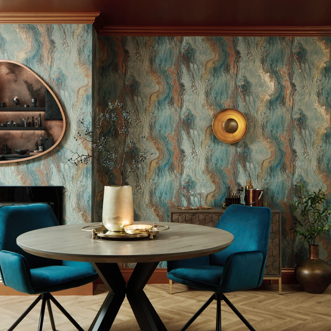Etna Metallic Wallpaper in Blue and Gold - Image 2