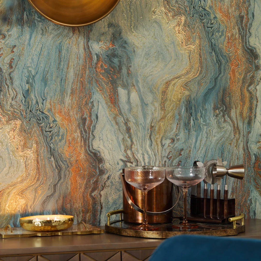 Etna Metallic Wallpaper in Blue and Gold - Image 3