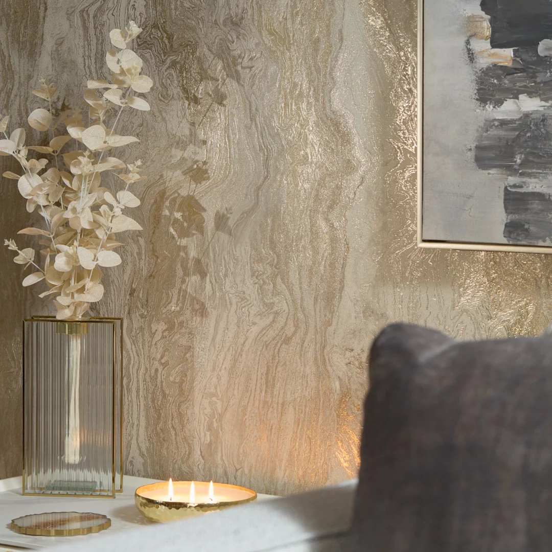 Etna Metallic Wallpaper in Taupe & Gold - Image 2