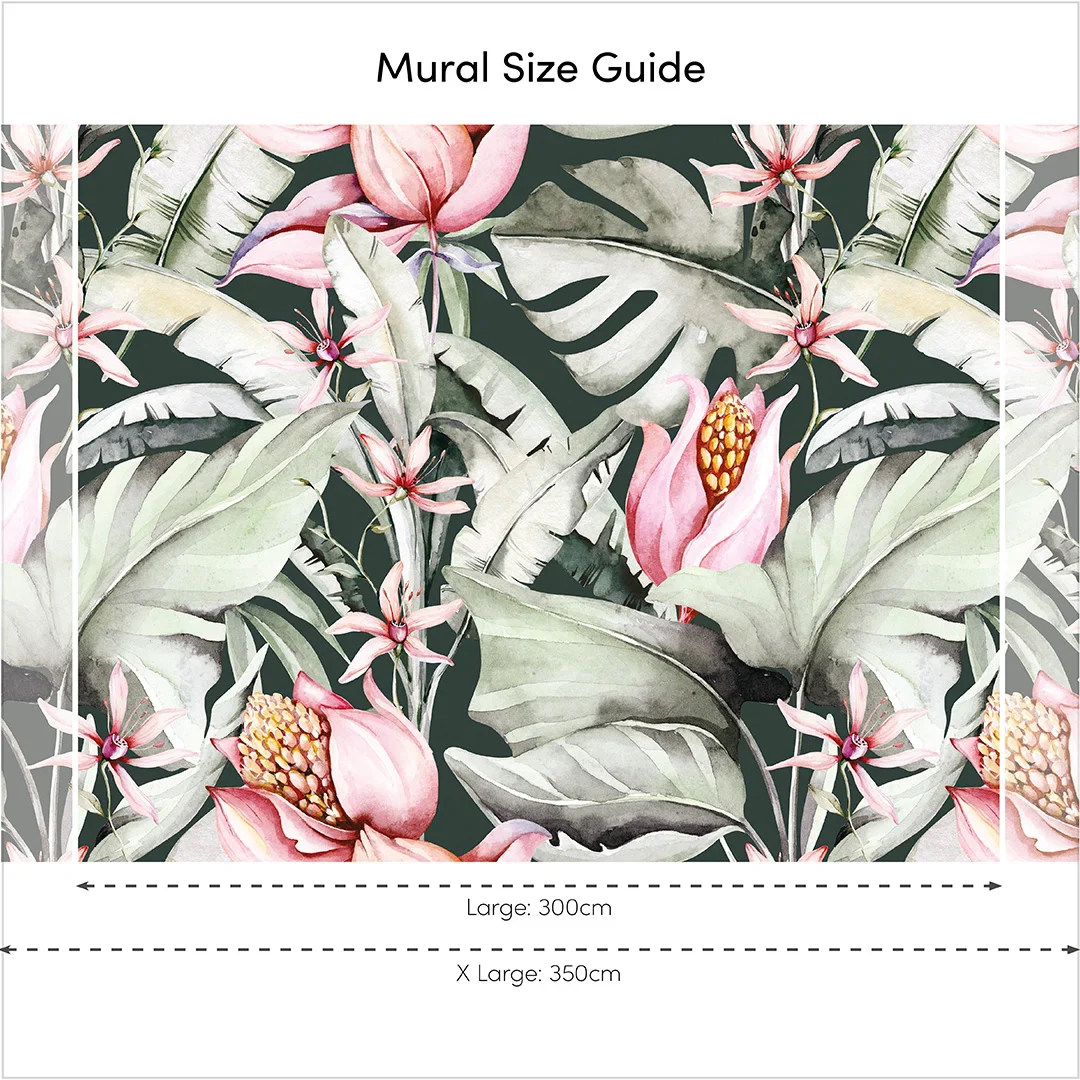 Exotic Flowers Full Wall Mural in Charcoal, Green and Pink - Image 3