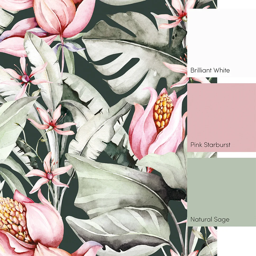 Exotic Flowers Full Wall Mural in Charcoal, Green and Pink - Image 4