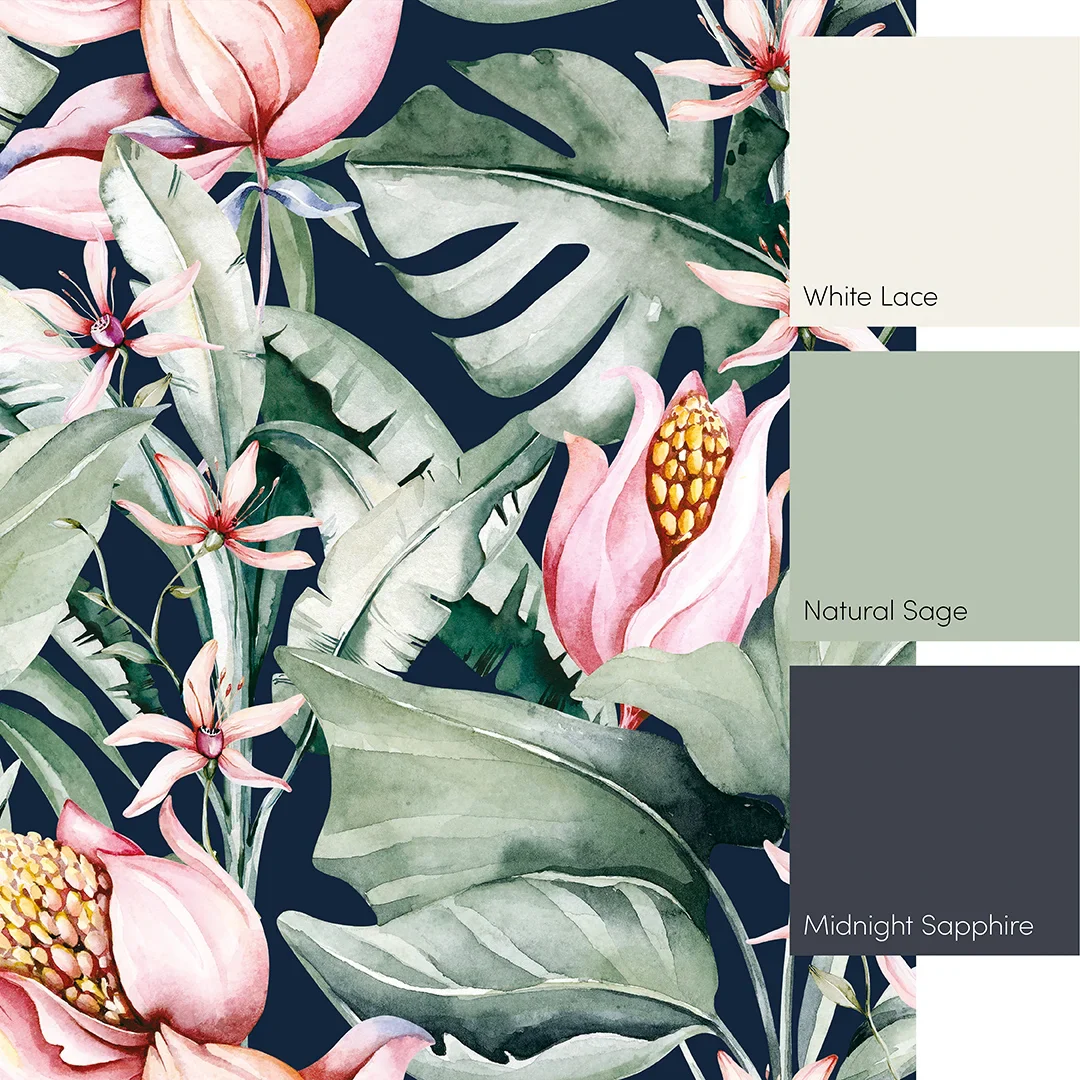 Exotic Flowers Full Wall Mural in Navy, Green and Pink - Image 4