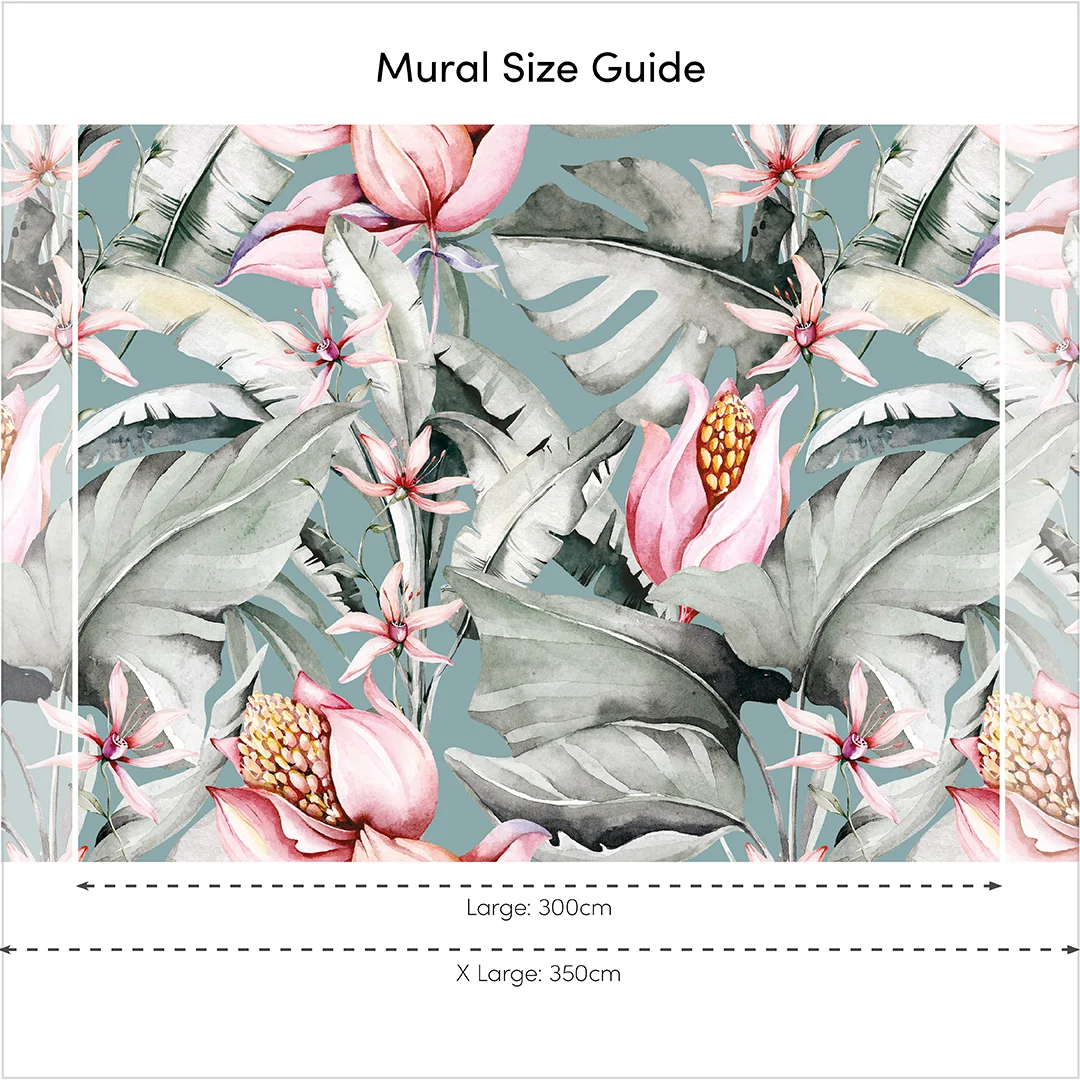Exotic Flowers Full Wall Mural in Teal, Green and Pink - Image 3