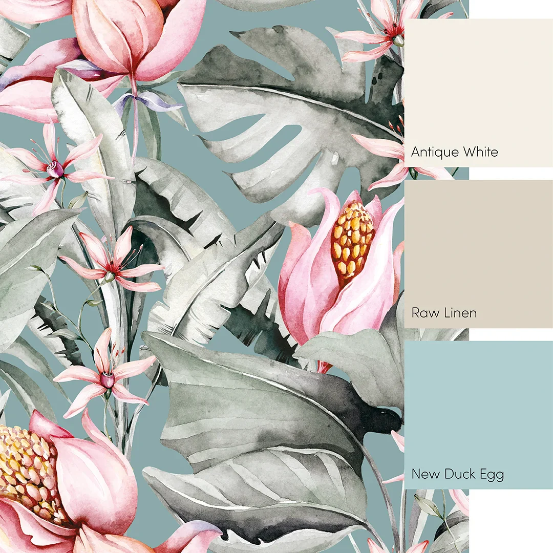 Exotic Flowers Full Wall Mural in Teal, Green and Pink - Image 4