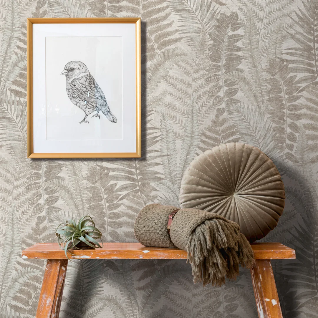 Fern Foliage Wallpaper in Grey on Beige - Image 3