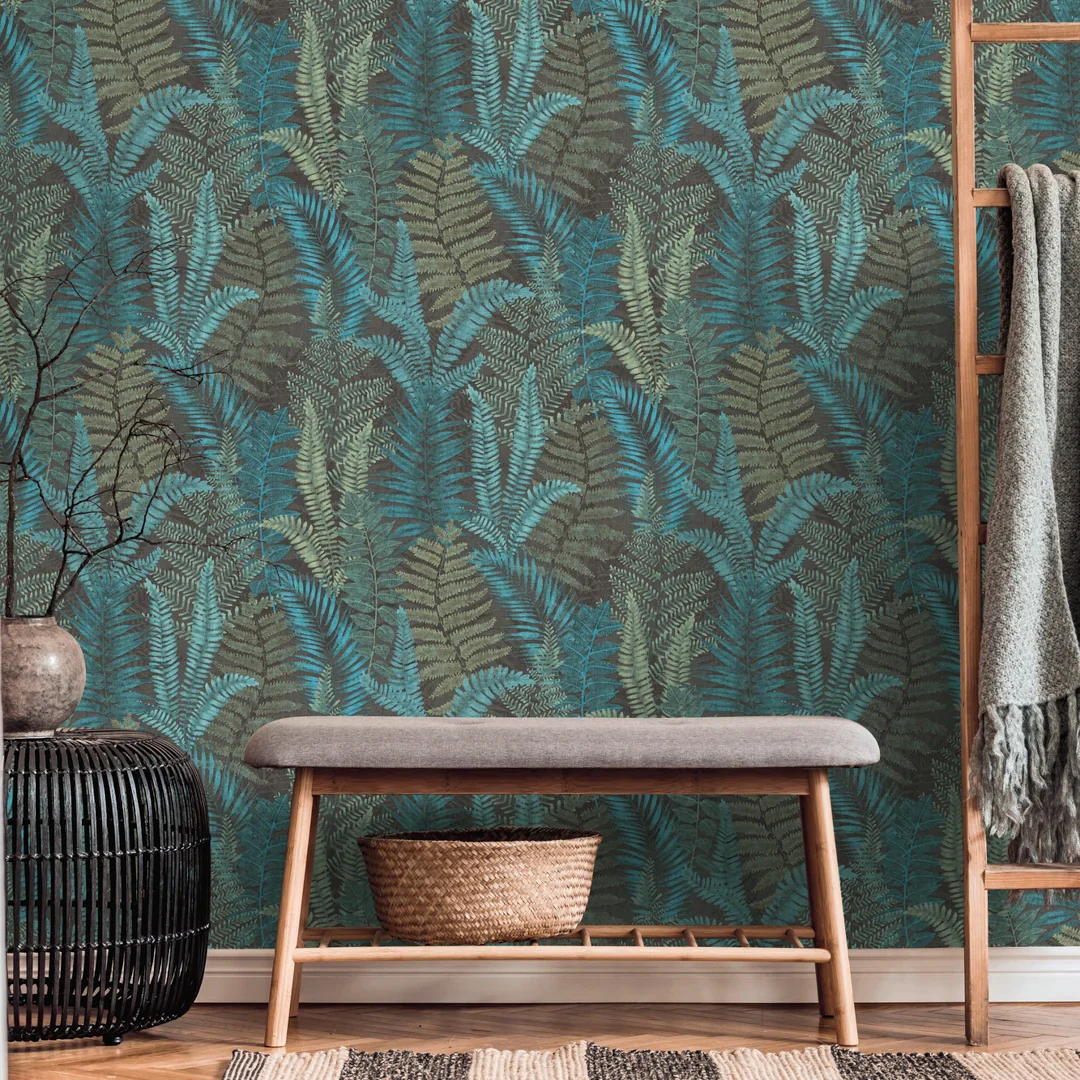 Fern Foliage Wallpaper in Teal on Charcoal - Image 2