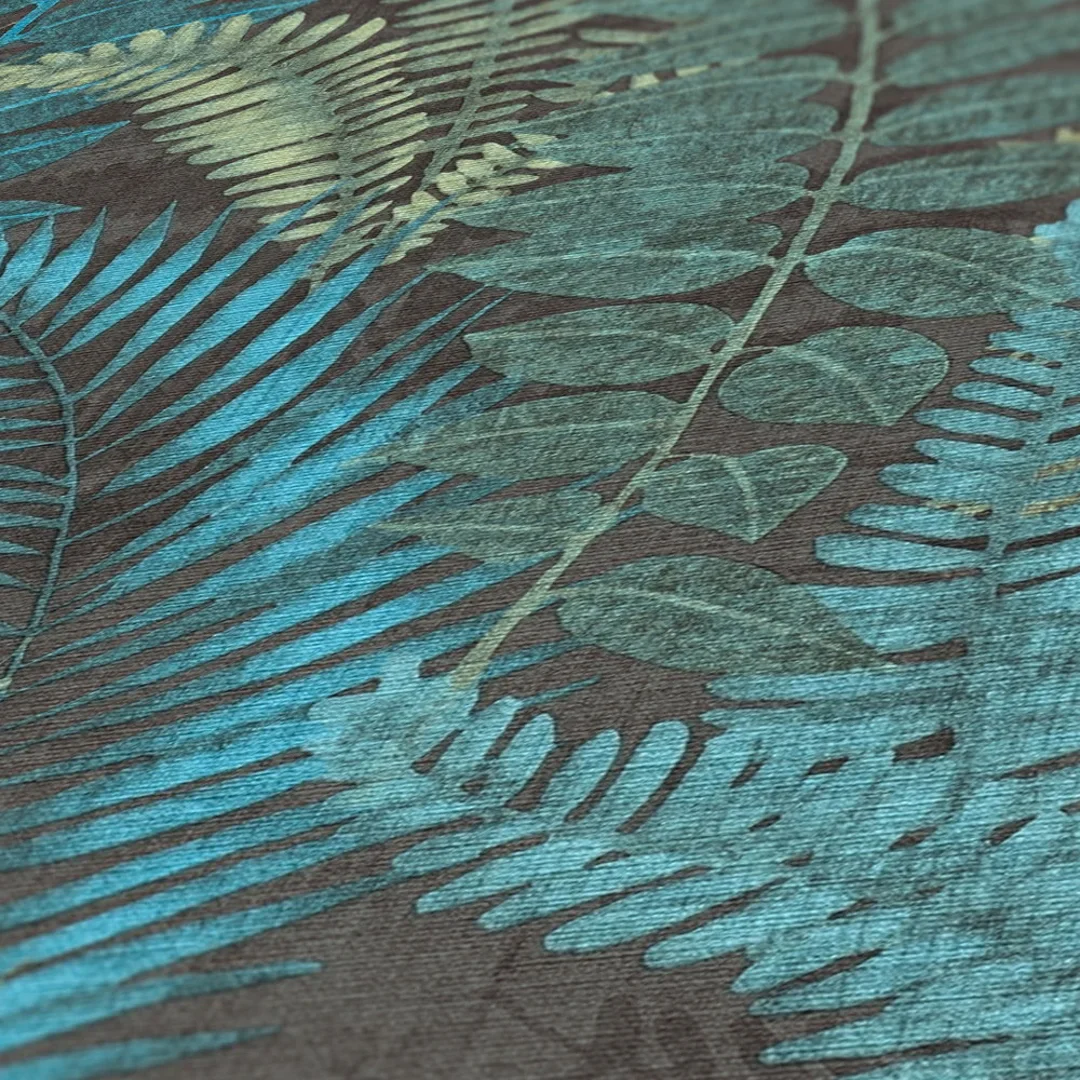 Fern Foliage Wallpaper in Teal on Charcoal - Image 3