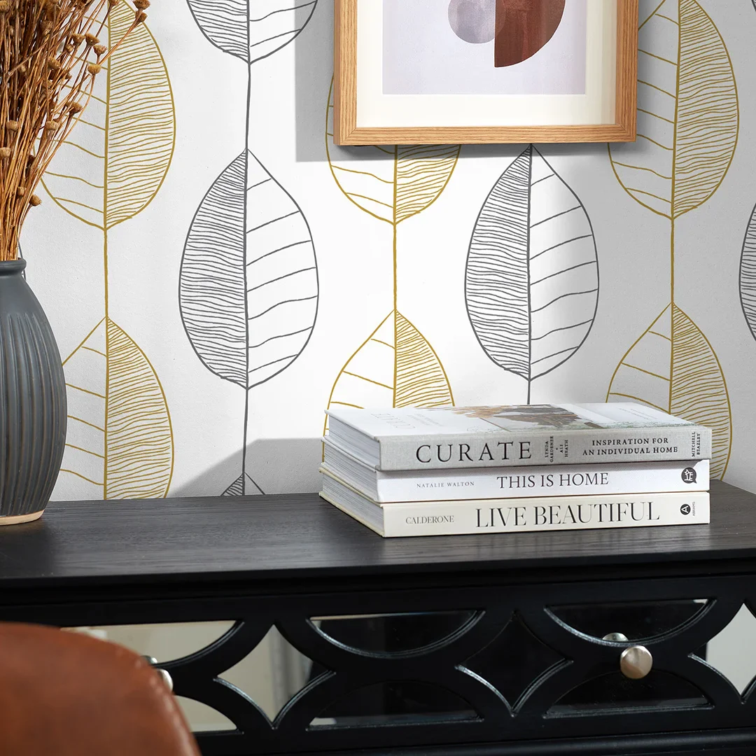 Fika Leaf Wallpaper in White and Grey and Mustard - Image 3