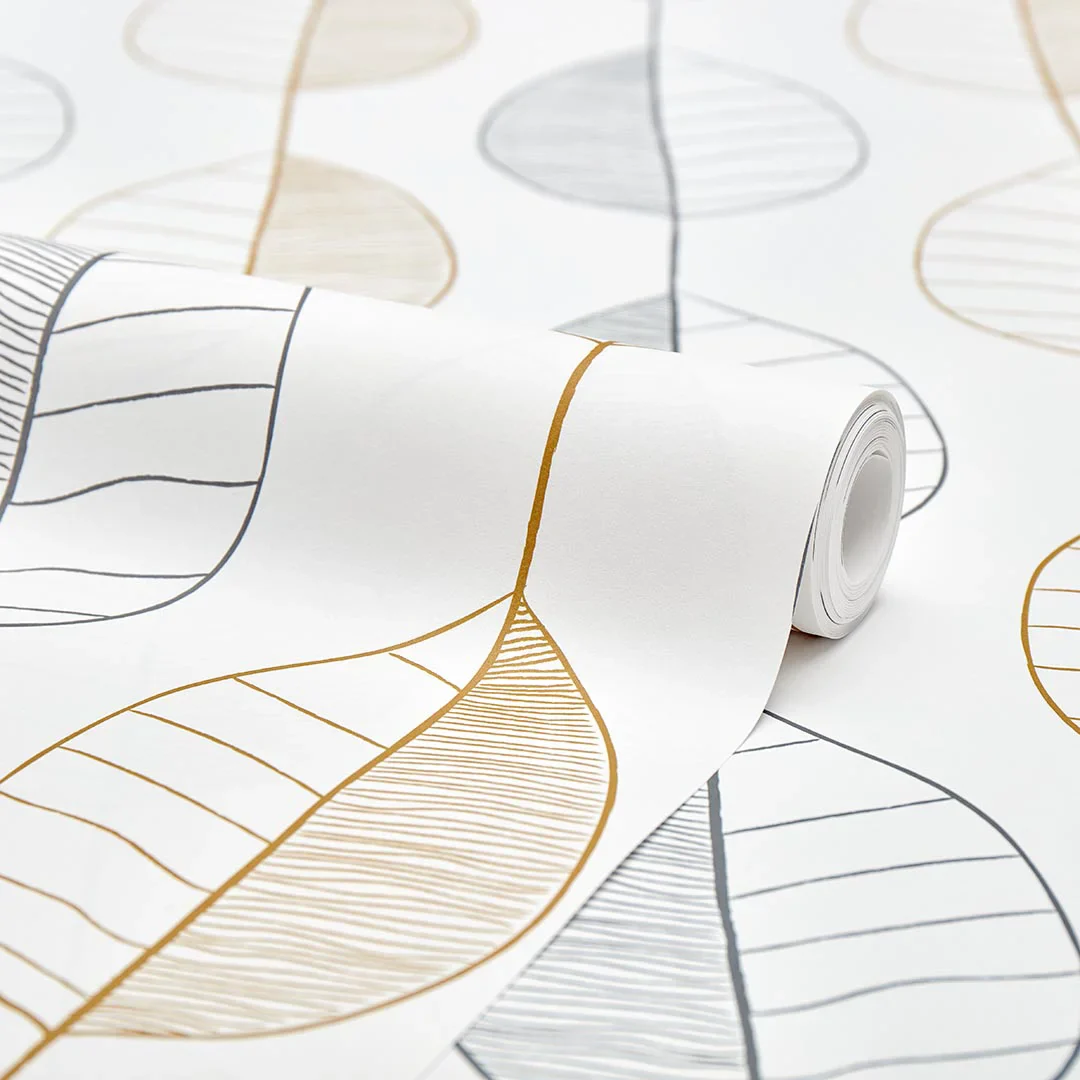 Fika Leaf Wallpaper in White and Grey and Mustard - Image 4