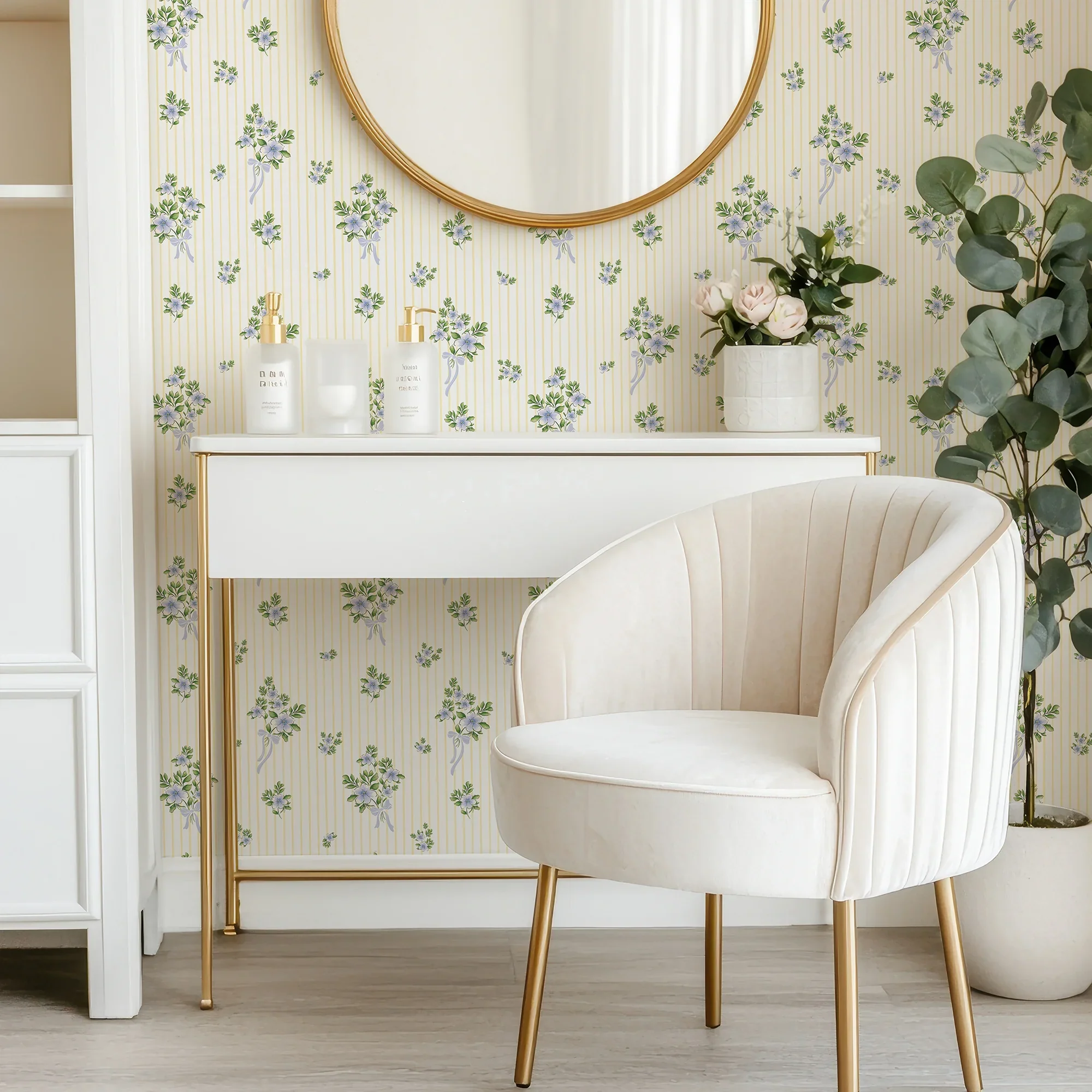 Floral Bouquet Pinstripe Wallpaper in Blue and Yellow - Image 3