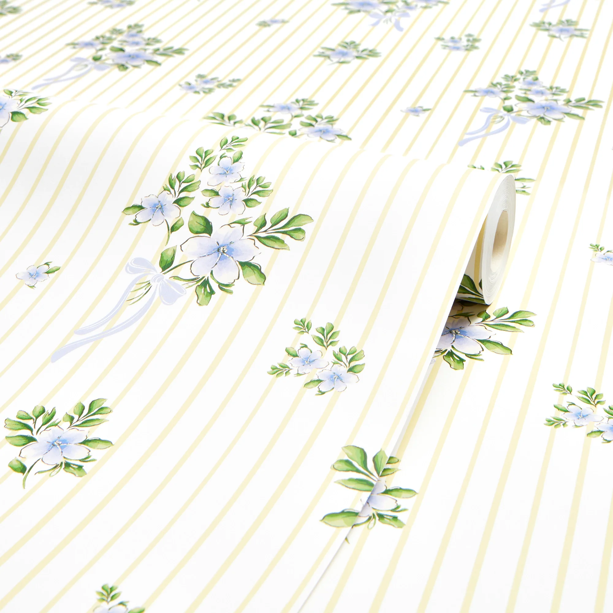 Floral Bouquet Pinstripe Wallpaper in Blue and Yellow - Image 4