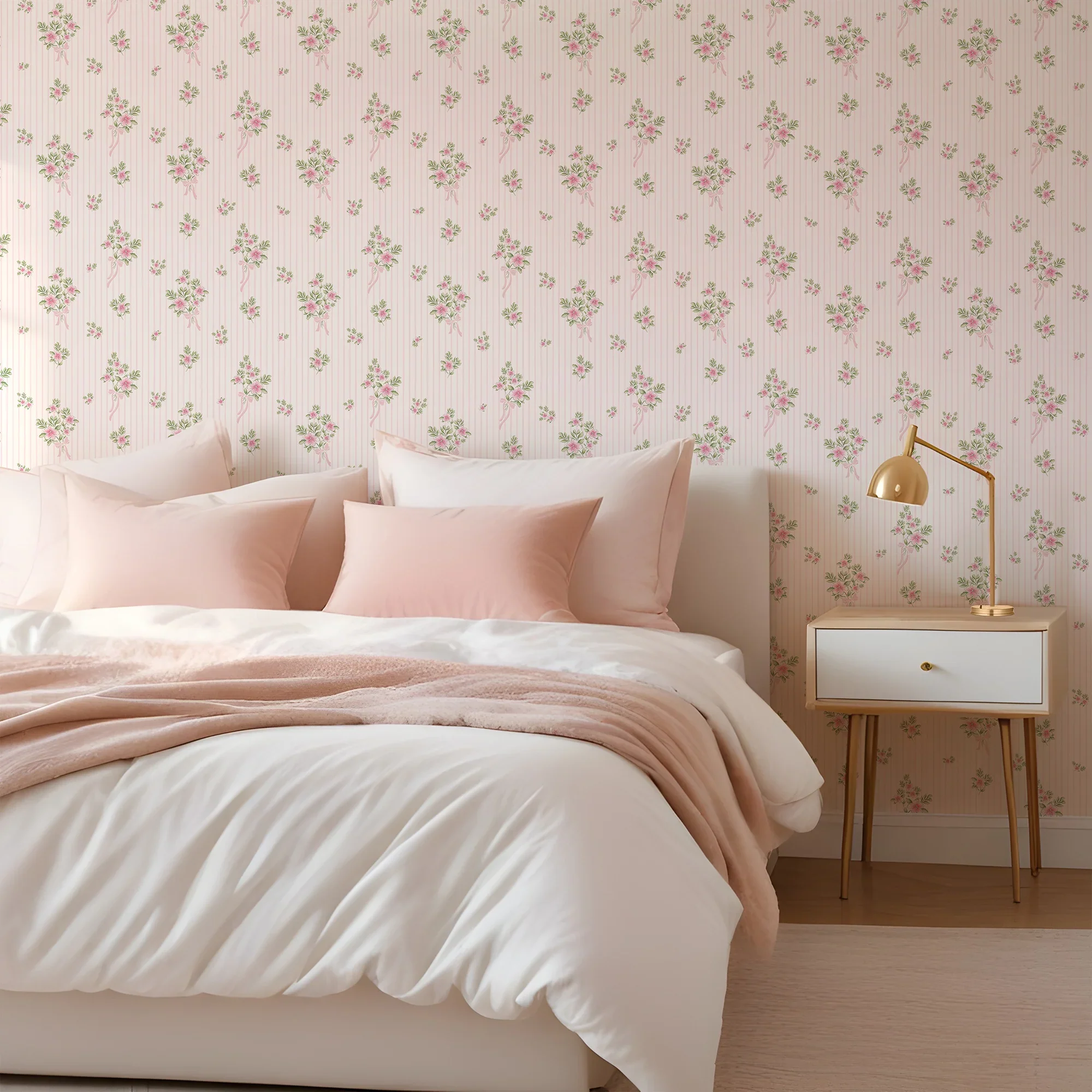 Floral Bouquet Pinstripe Wallpaper in Light Pink and Pink - Image 3