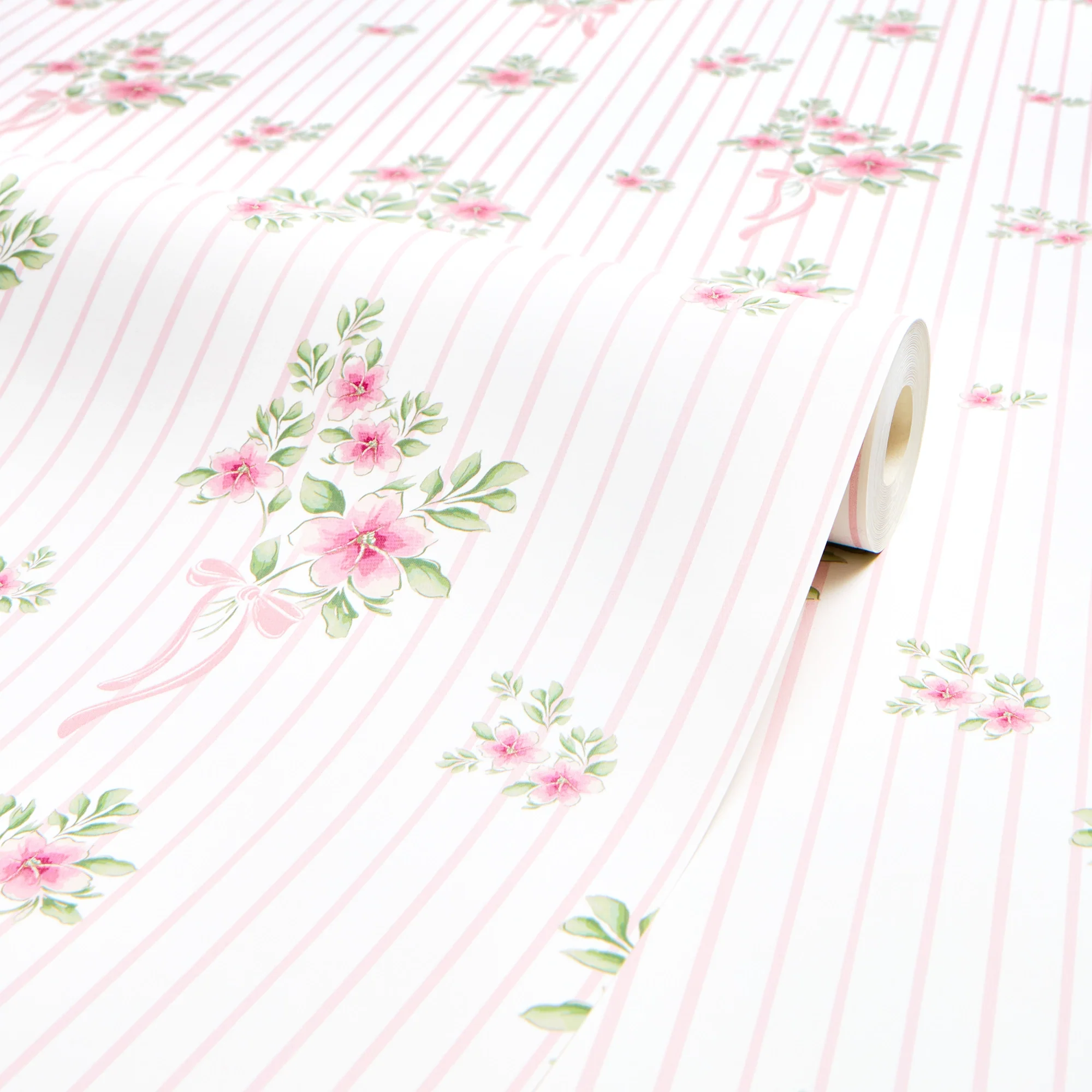 Floral Bouquet Pinstripe Wallpaper in Light Pink and Pink - Image 4