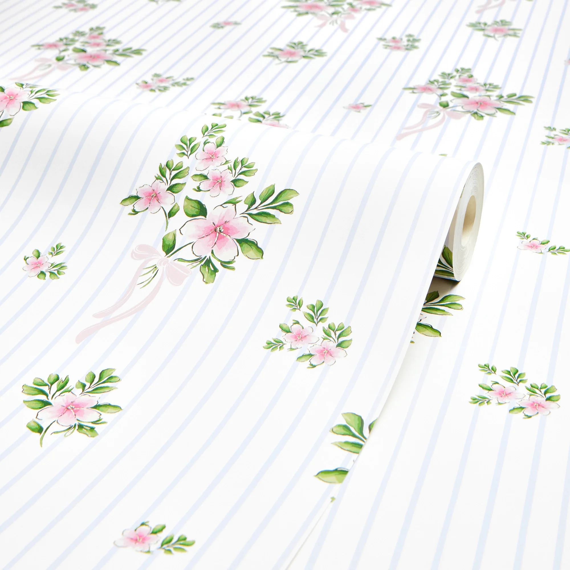 Floral Bouquet Pinstripe Wallpaper in Pink and Blue - Image 4