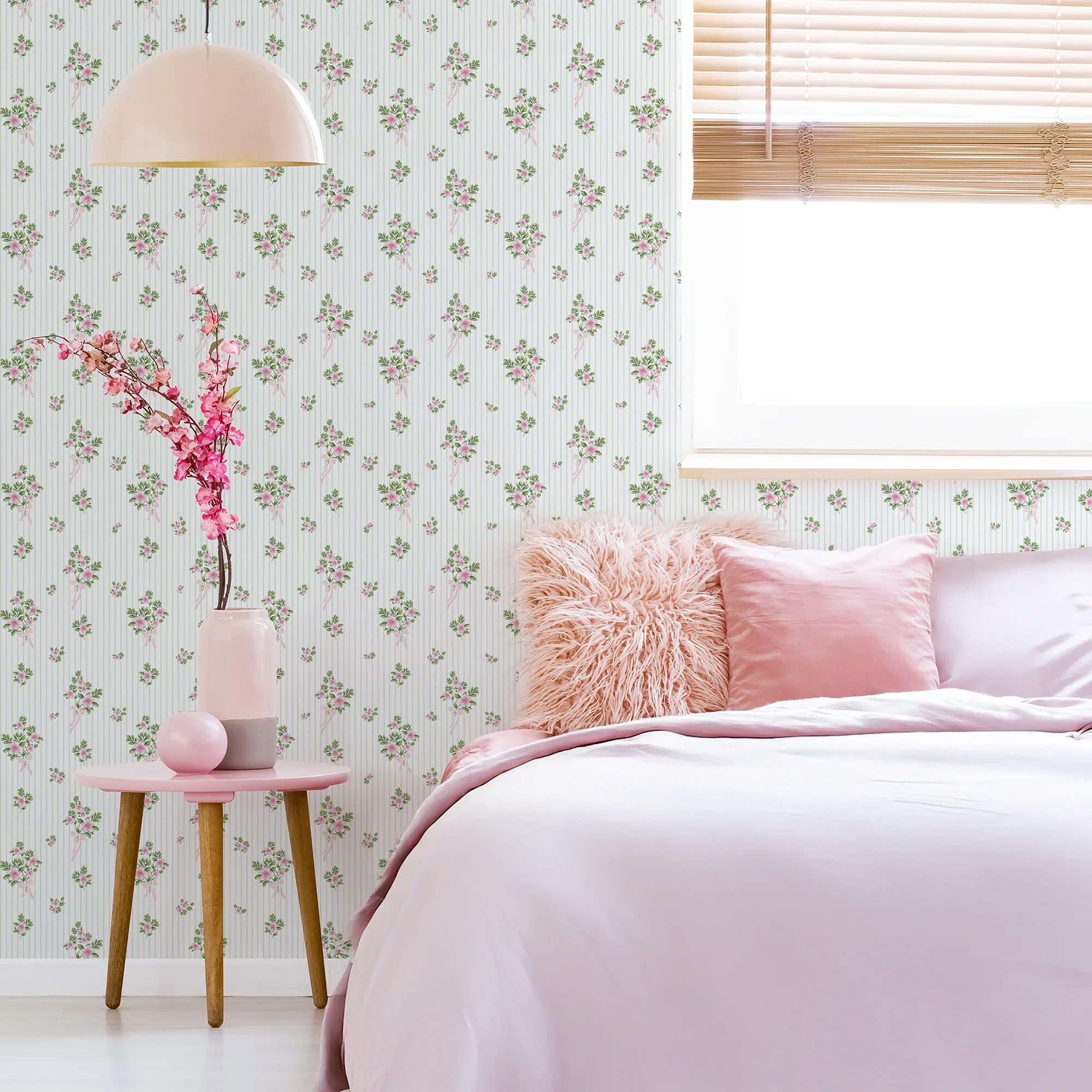 Floral Bouquet Pinstripe Wallpaper in Pink and Sage - Image 3