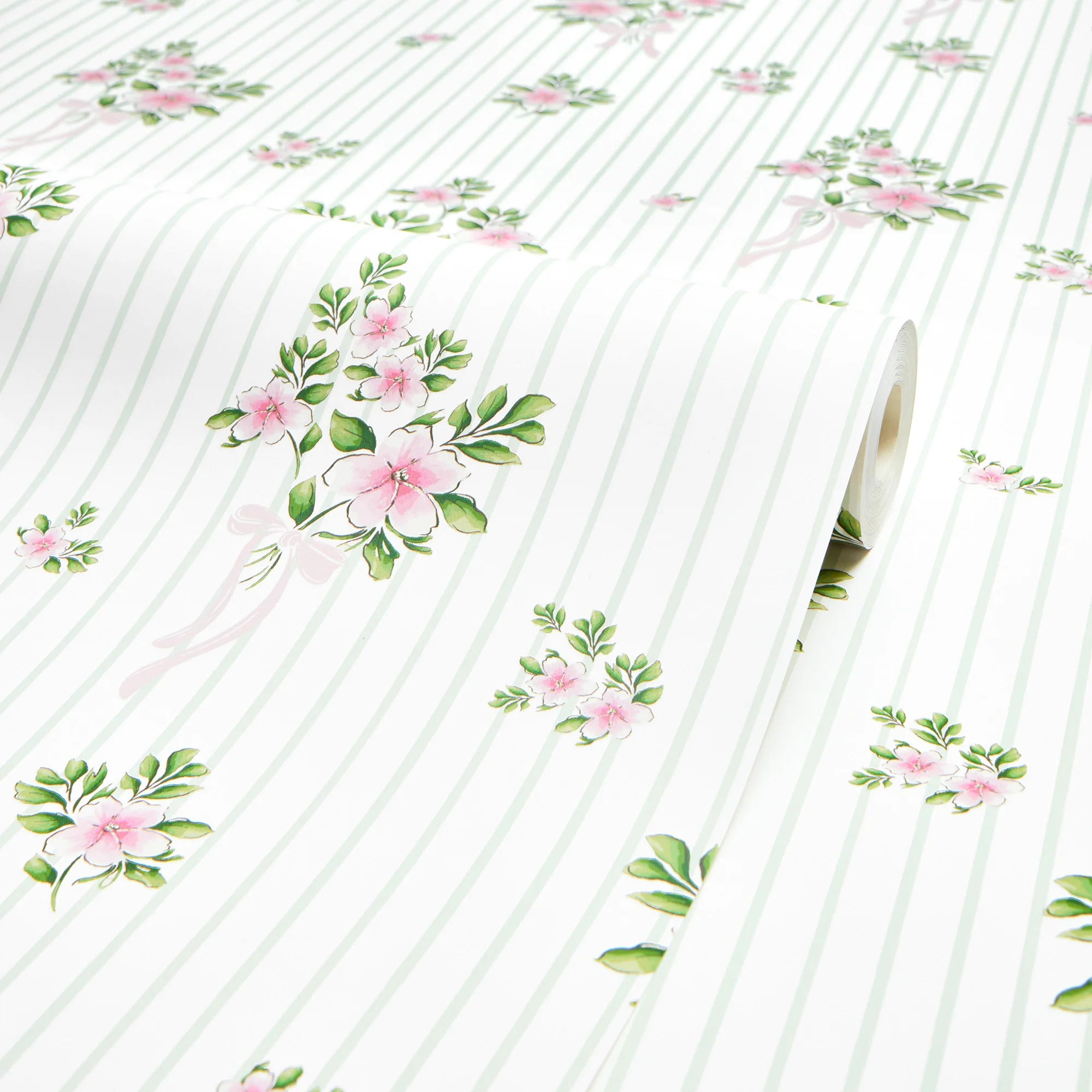 Floral Bouquet Pinstripe Wallpaper in Pink and Sage - Image 4