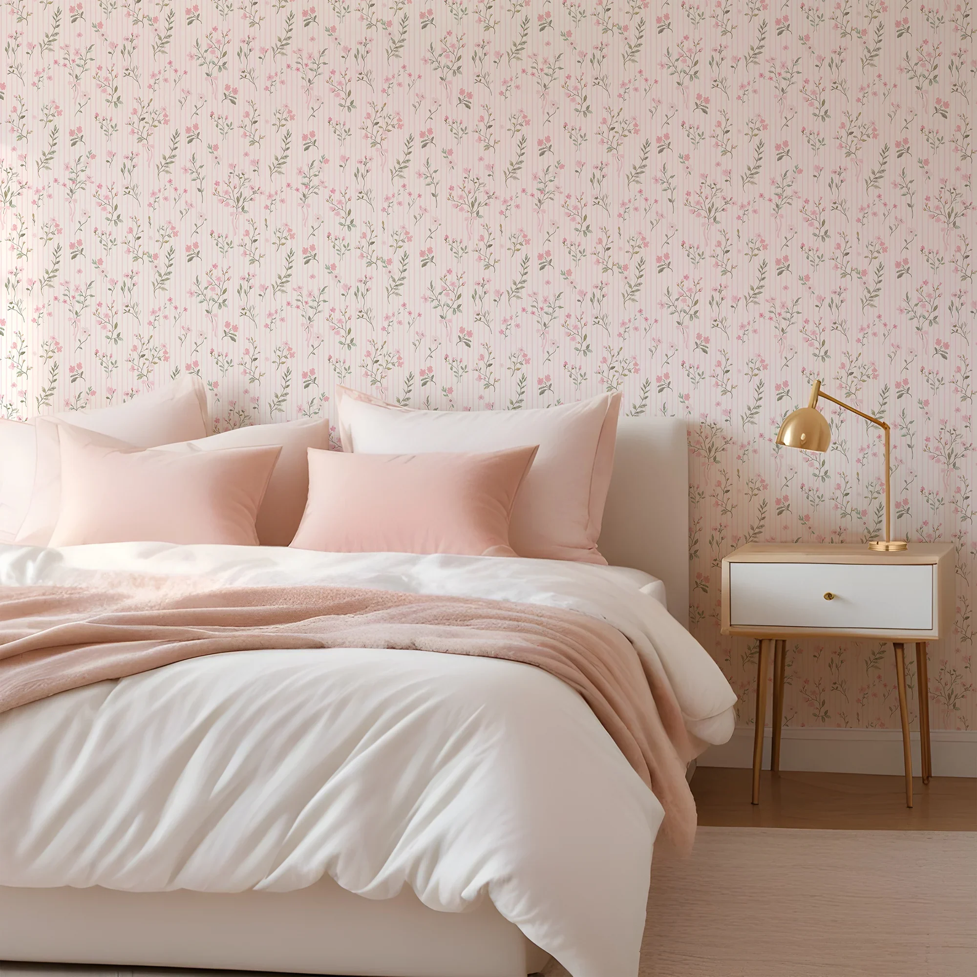 Floral Pinstripe Wallpaper in Light Pink and Pink - Image 3