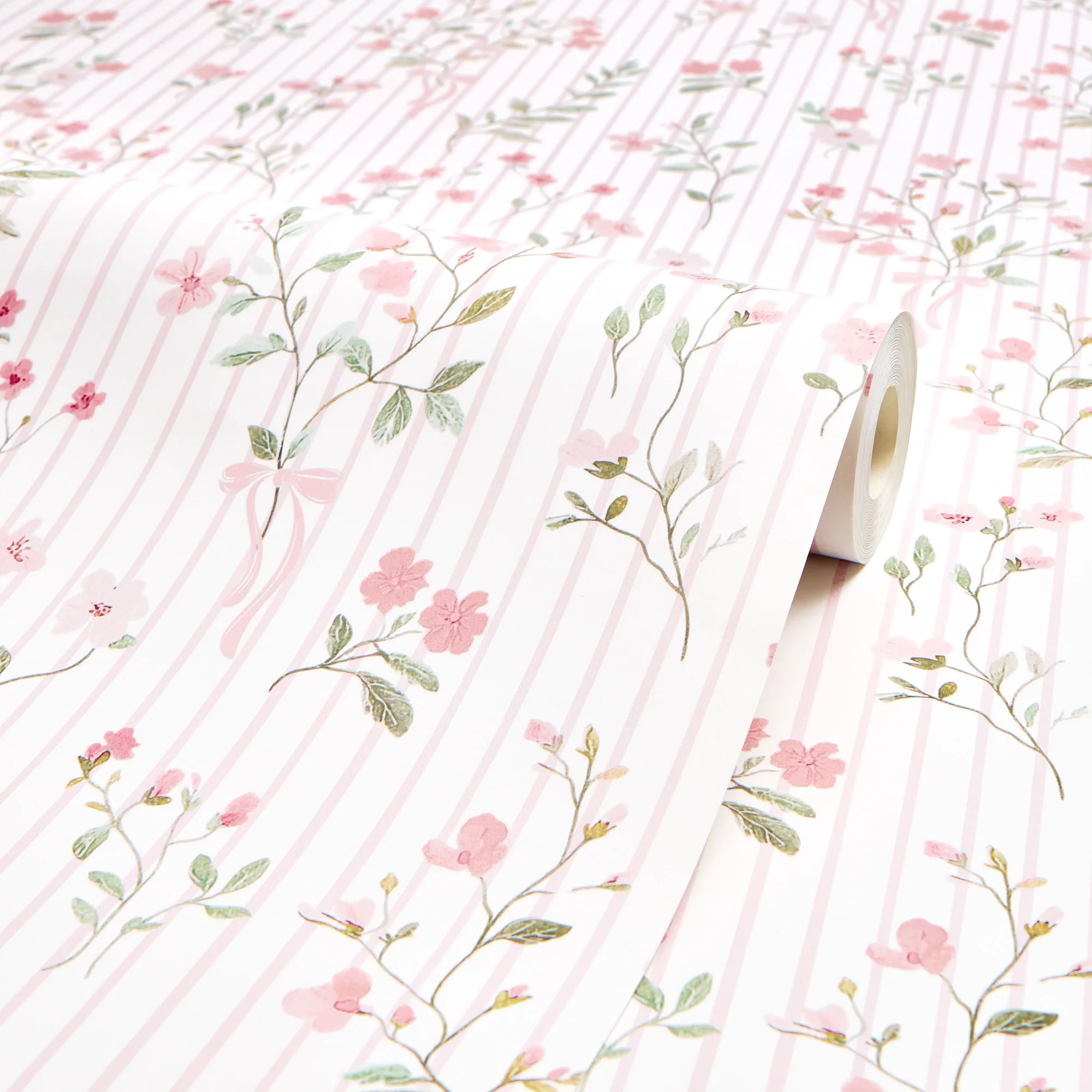 Floral Pinstripe Wallpaper in Light Pink and Pink - Image 4