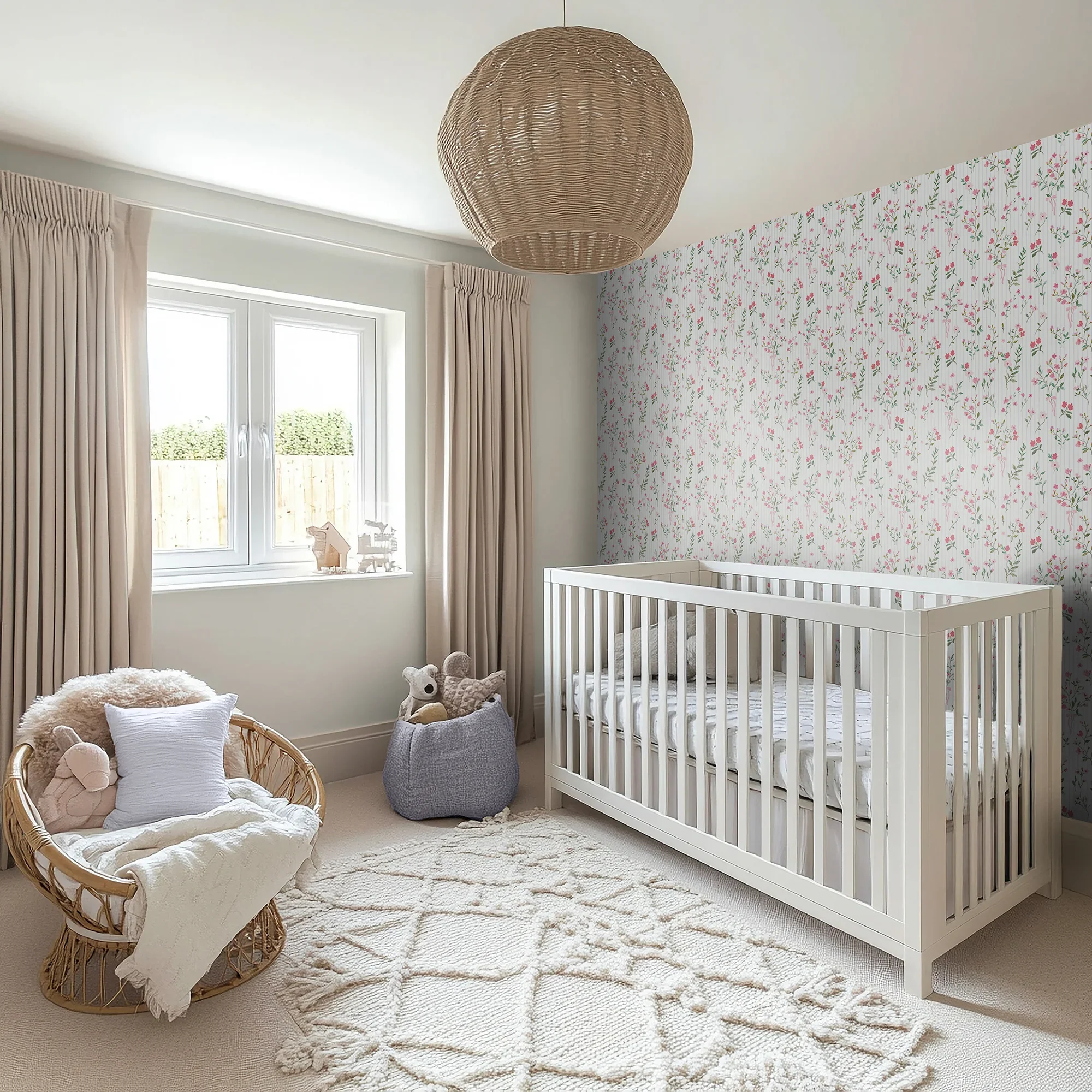 Floral Pinstripe Wallpaper in Pink and Blue - Image 3
