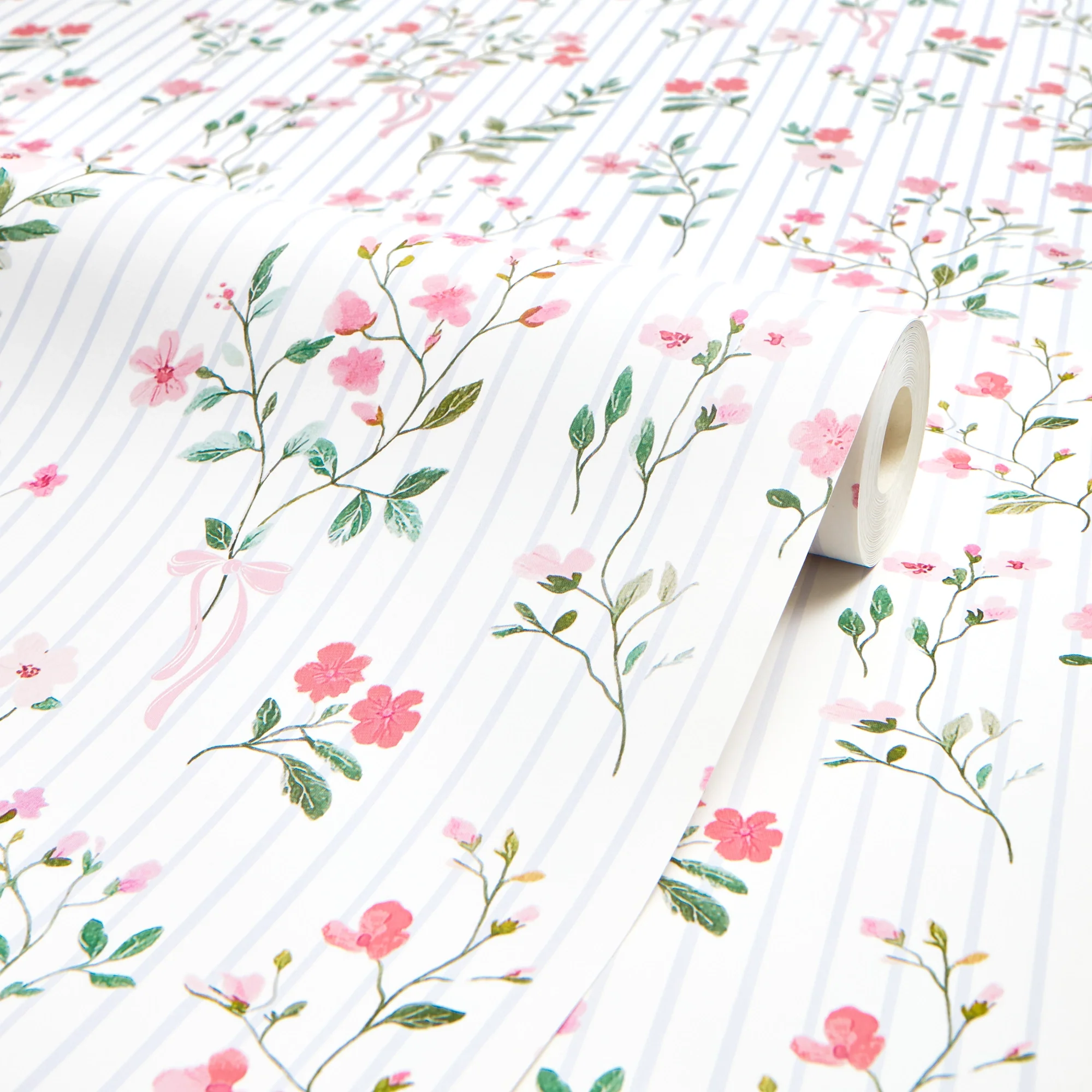 Floral Pinstripe Wallpaper in Pink and Blue - Image 4