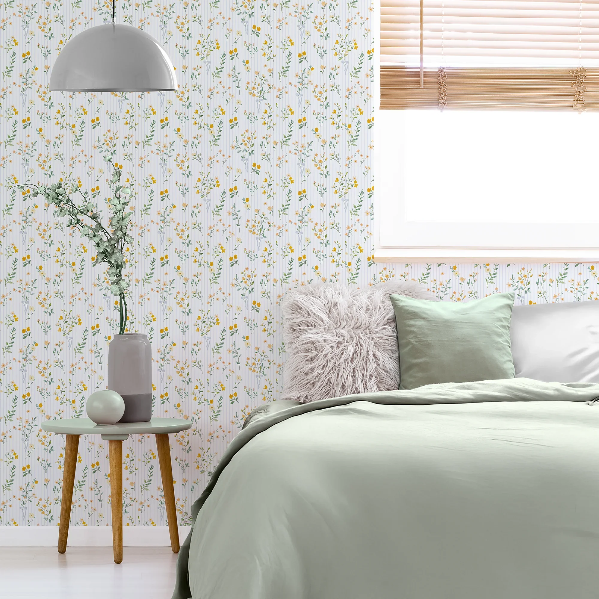 Floral Pinstripe Wallpaper in Yellow and Blue - Image 3