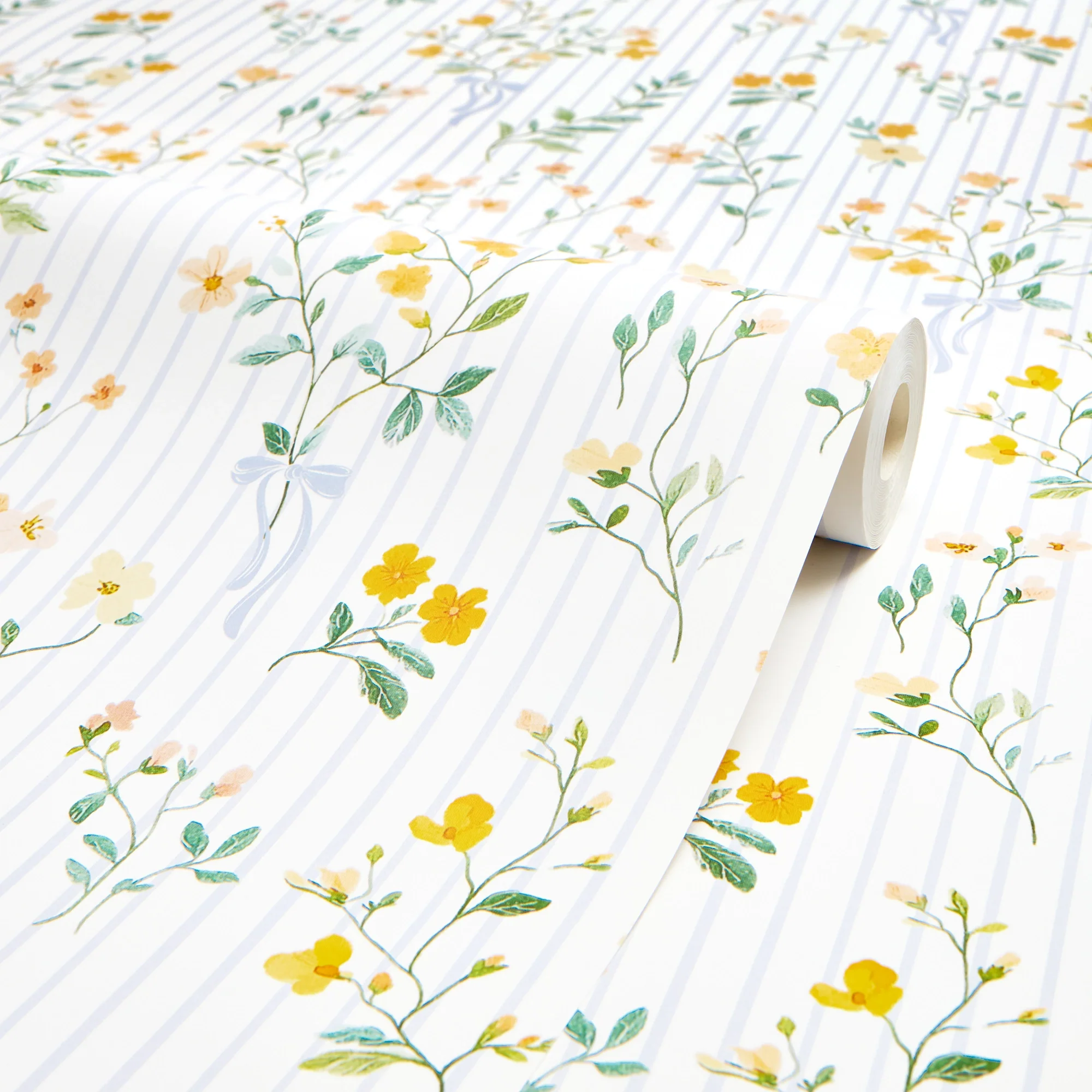 Floral Pinstripe Wallpaper in Yellow and Blue - Image 4