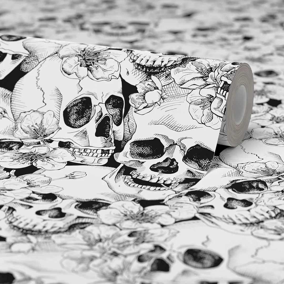 Floral Skulls Wallpaper in Monochrome - Image 4