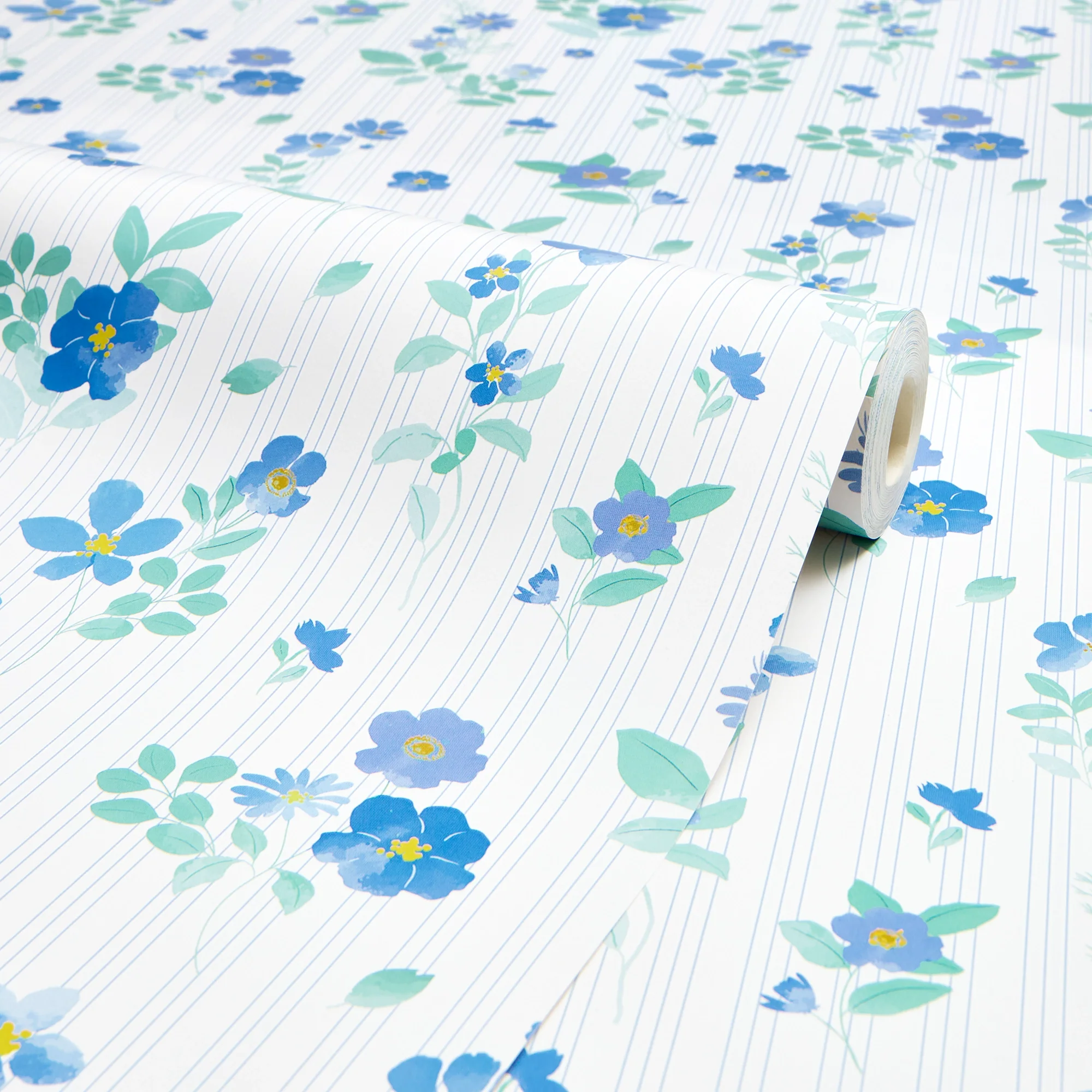 Flowers and Stripes Wallpaper in Blue and Green - Image 4