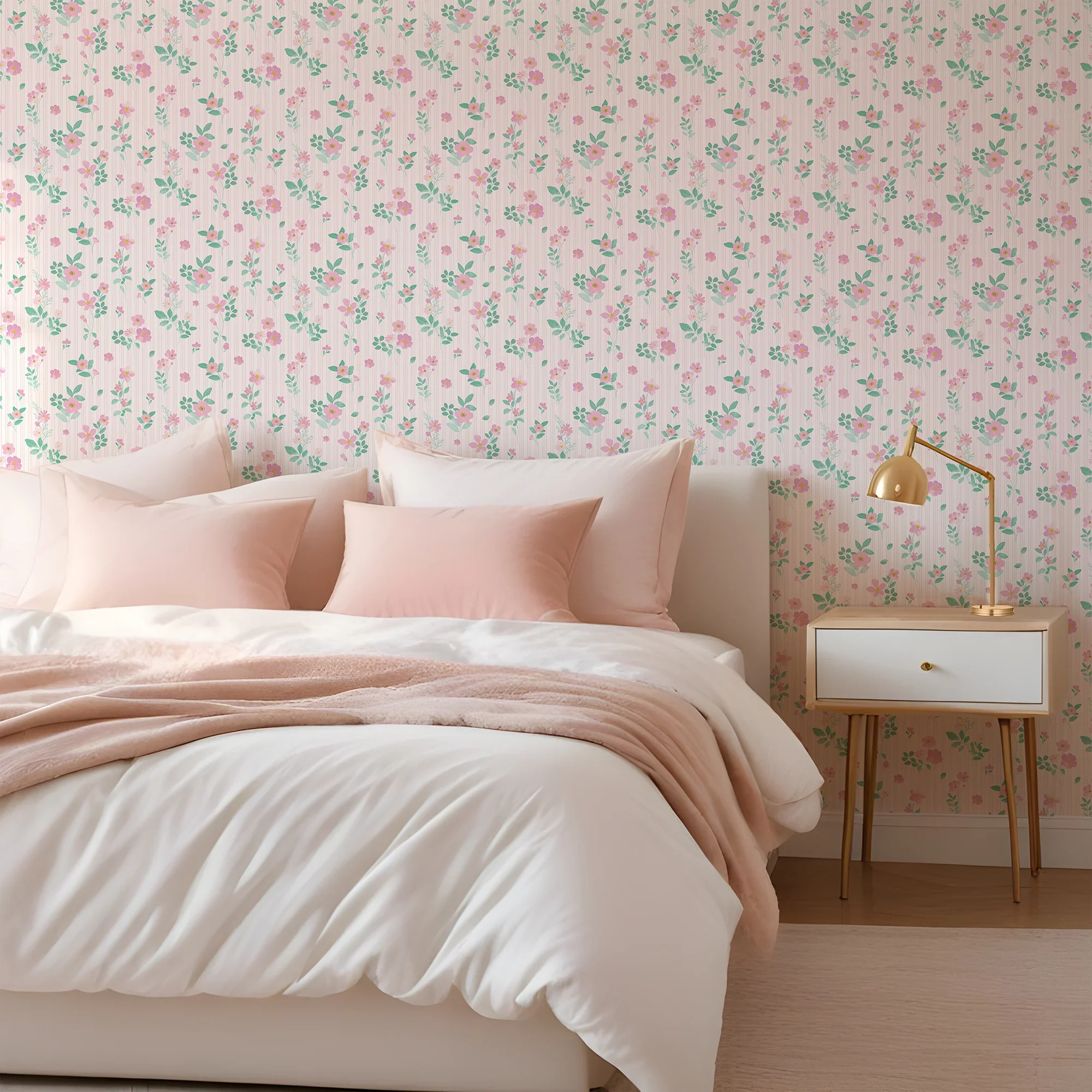 Flowers and Stripes Wallpaper in Candy Pink and Green - Image 3