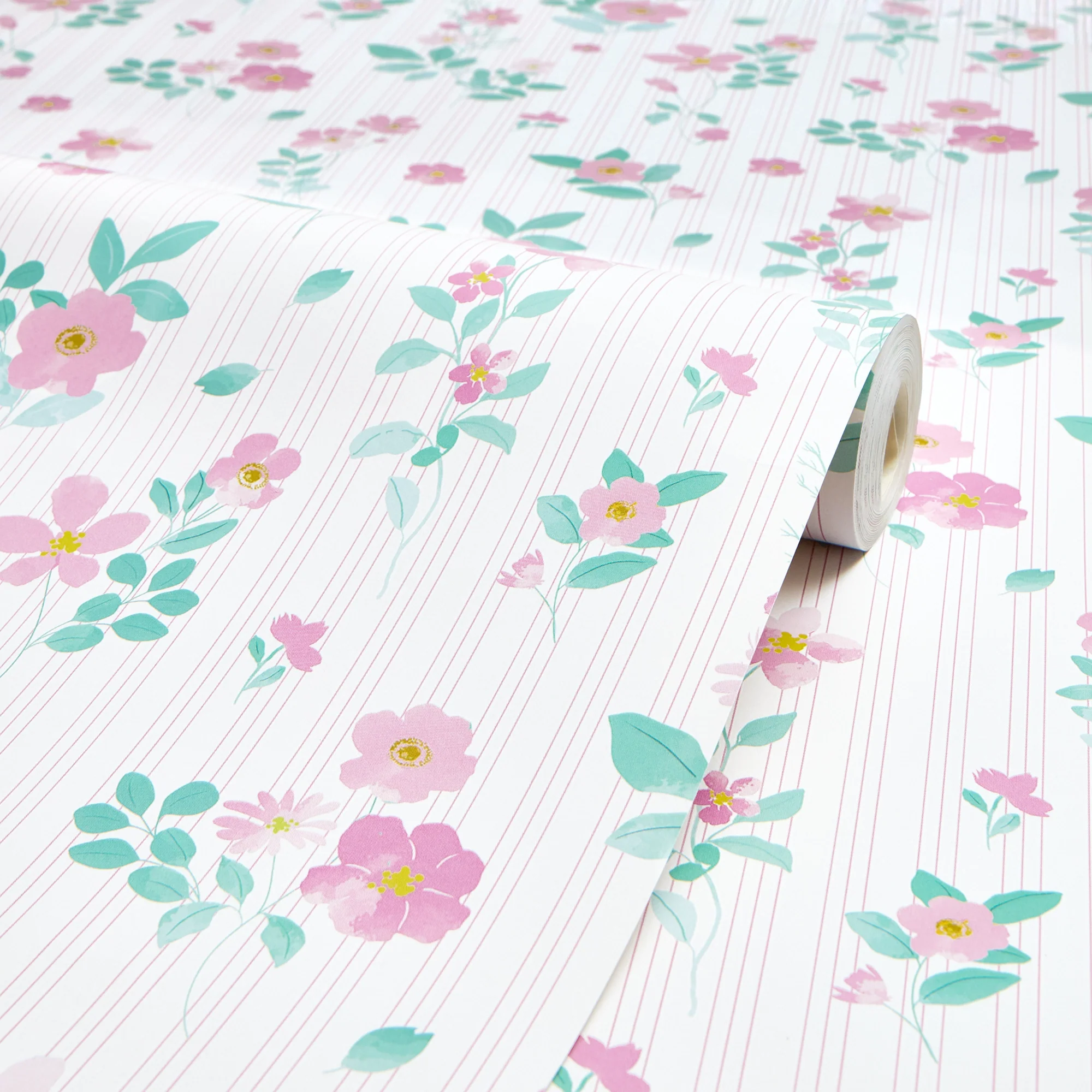 Flowers and Stripes Wallpaper in Candy Pink and Green - Image 4