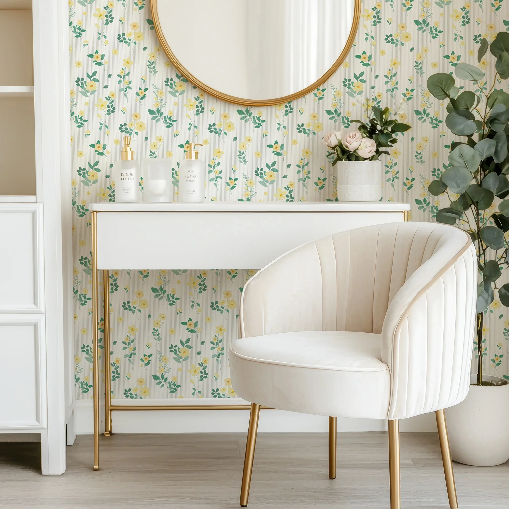 Flowers and Stripes Wallpaper in Lemon Yellow and Sage - Image 3