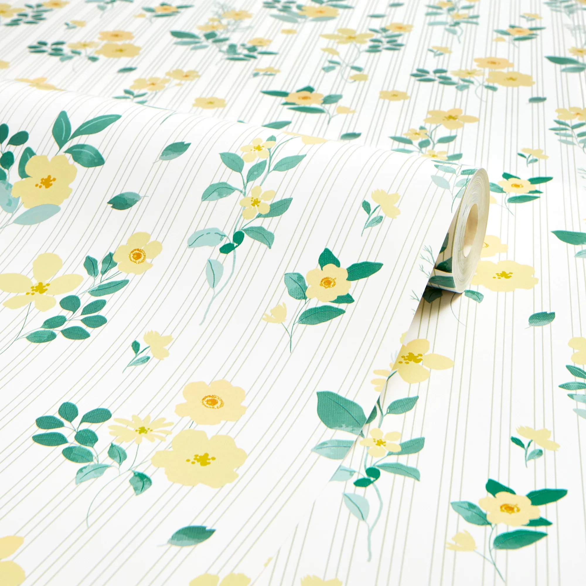 Flowers and Stripes Wallpaper in Lemon Yellow and Sage - Image 4