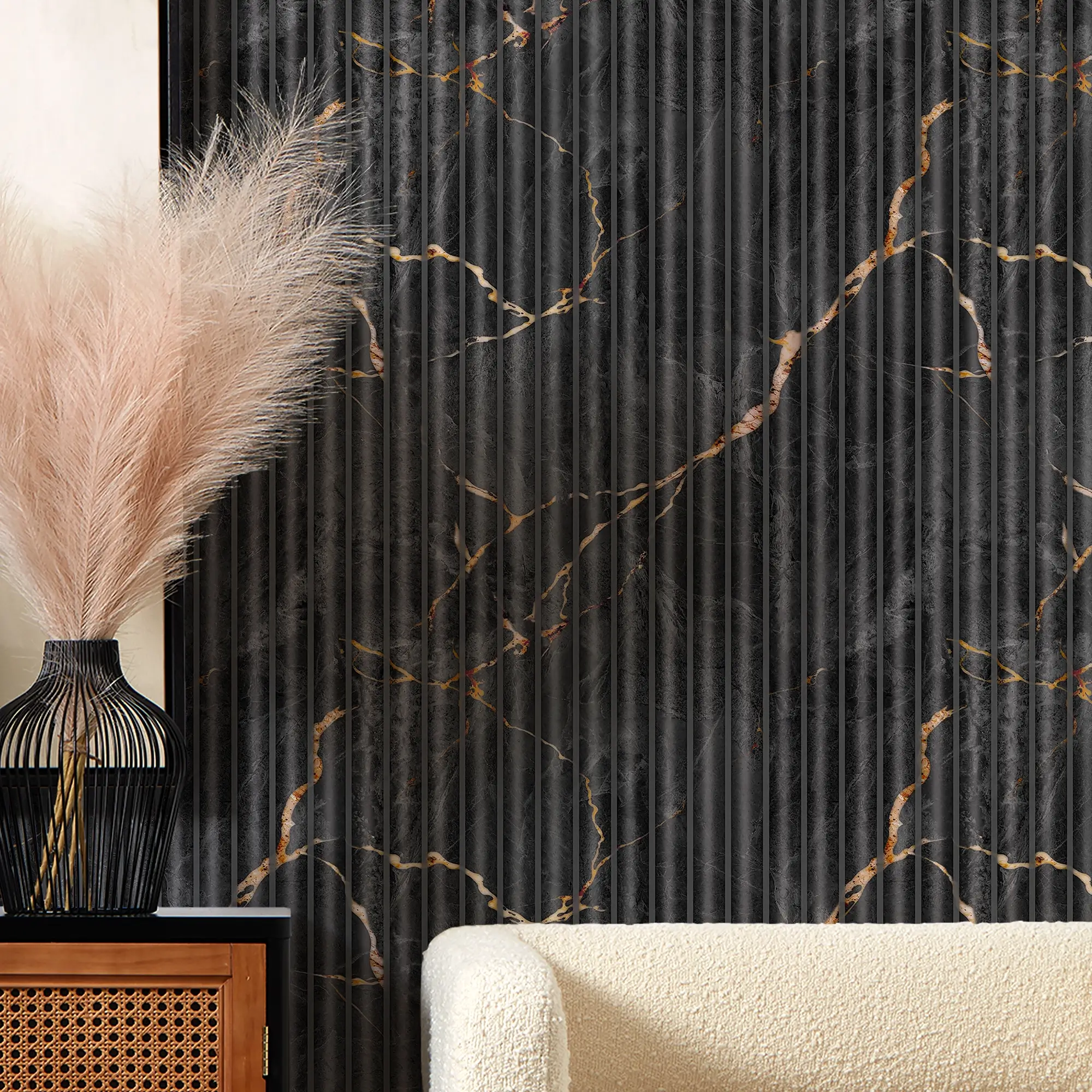 Fluted Marble Panel Wallpaper in Charcoal - Image 2